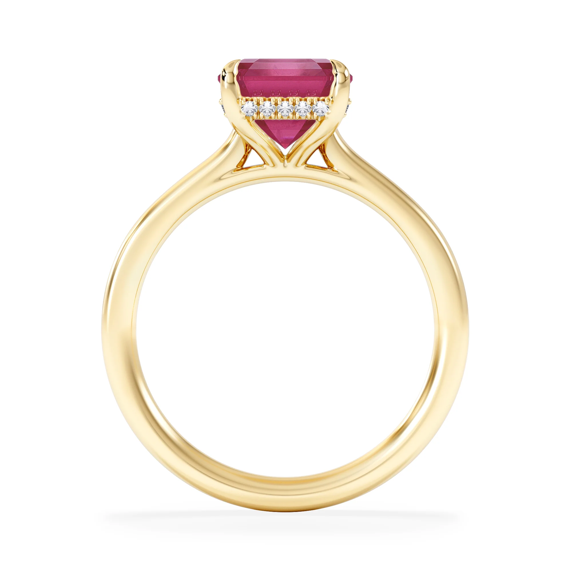 Amora 2.50ct Emerald Cut Lab Ruby Hidden Halo Engagement Ring in 18K Yellow Gold - Image 3