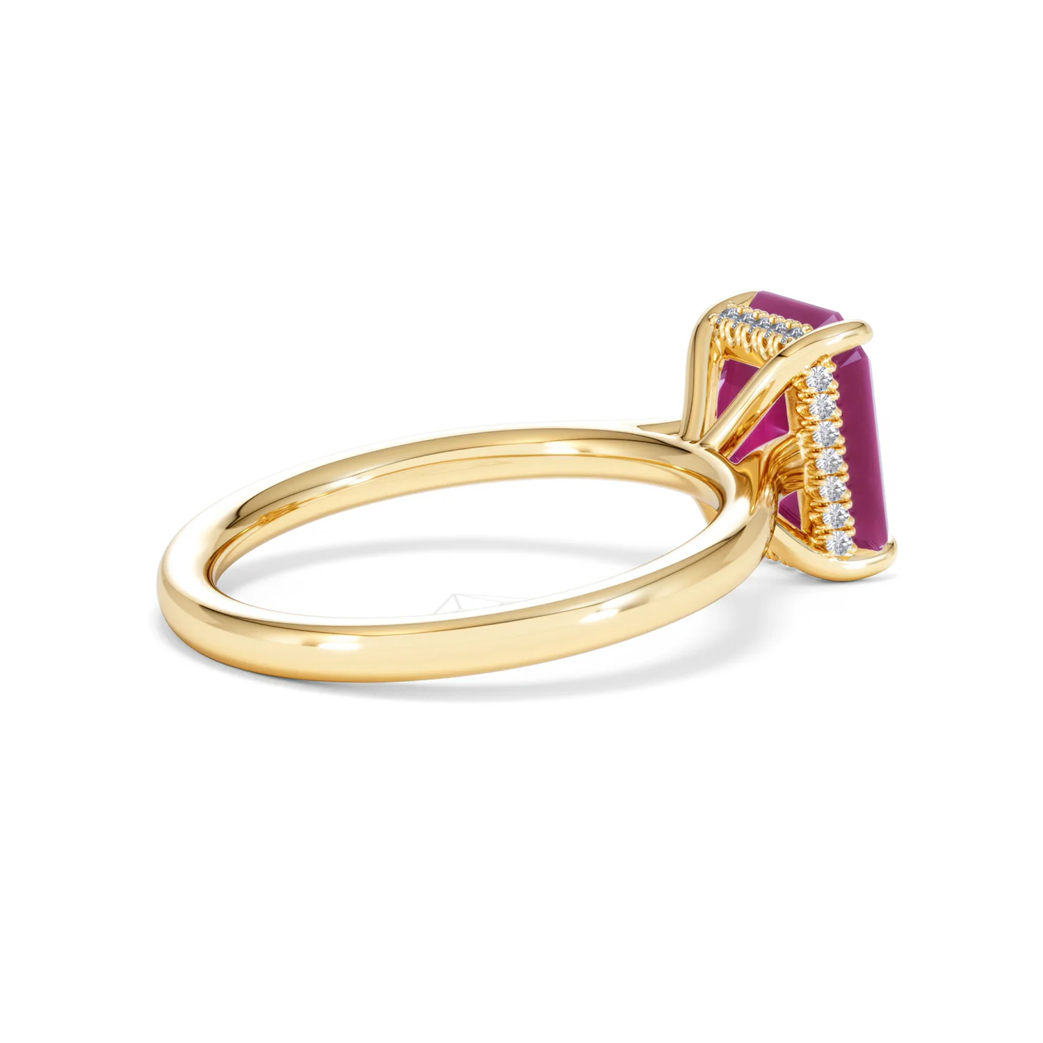 Amora 2.50ct Emerald Cut Lab Ruby Hidden Halo Engagement Ring in 18K Yellow Gold - Image 36