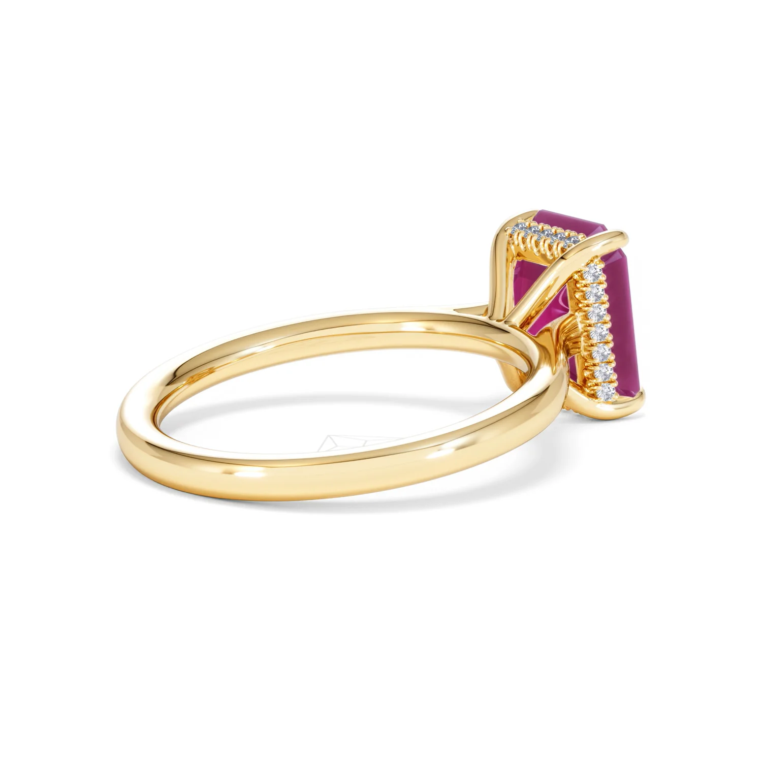 Amora 2.50ct Emerald Cut Lab Ruby Hidden Halo Engagement Ring in 18K Yellow Gold - Image 37