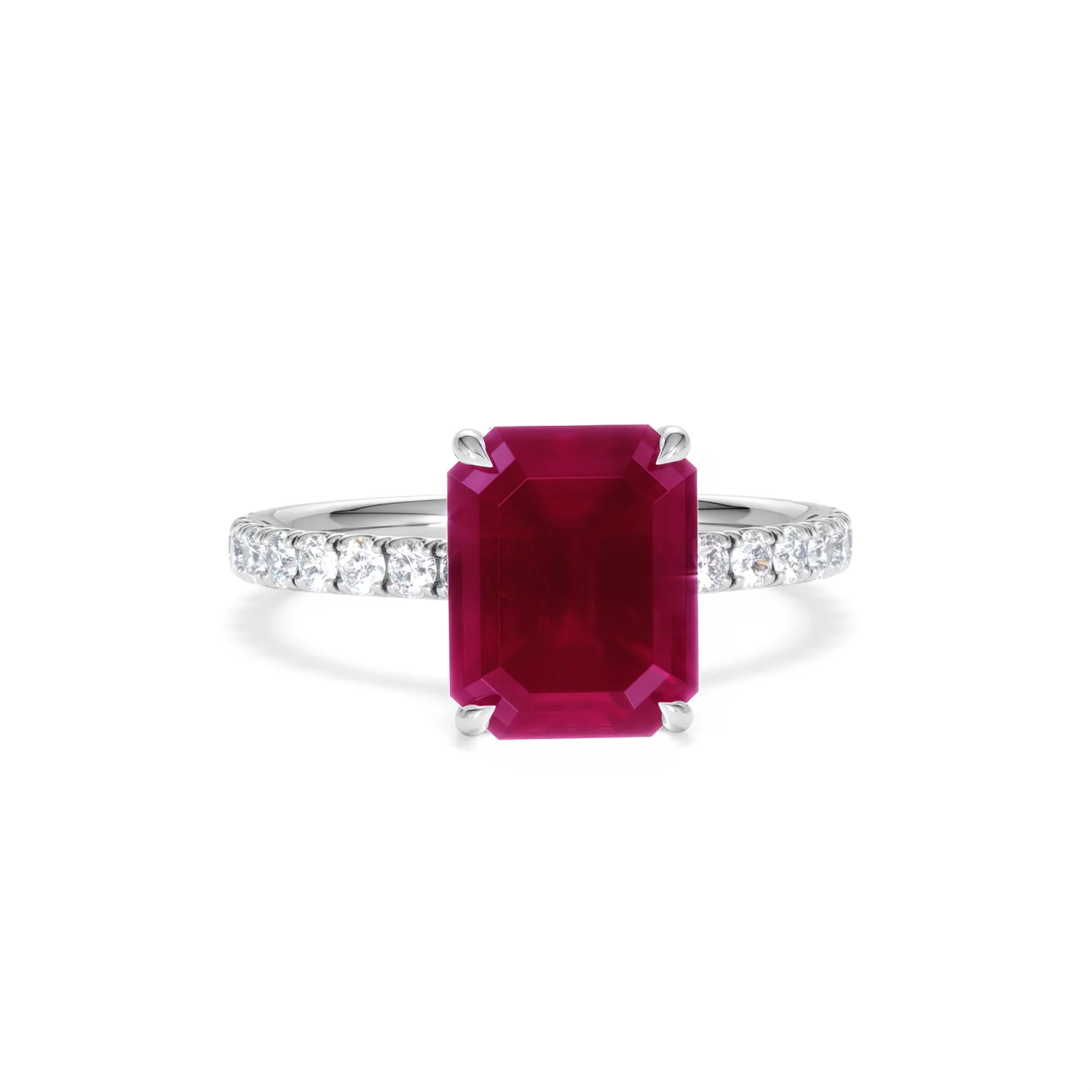 Amora 2.50ct Emerald Cut Lab Ruby Hidden Halo Engagement Ring with Side Stones in 18K White Gold - Image 10