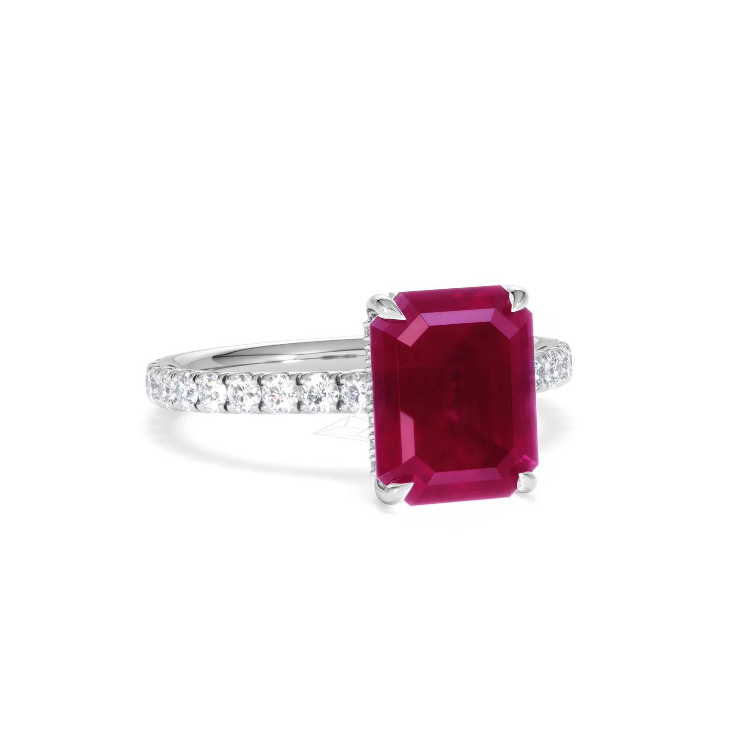 Amora 2.50ct Emerald Cut Lab Ruby Hidden Halo Engagement Ring with Side Stones in 18K White Gold - Image 13