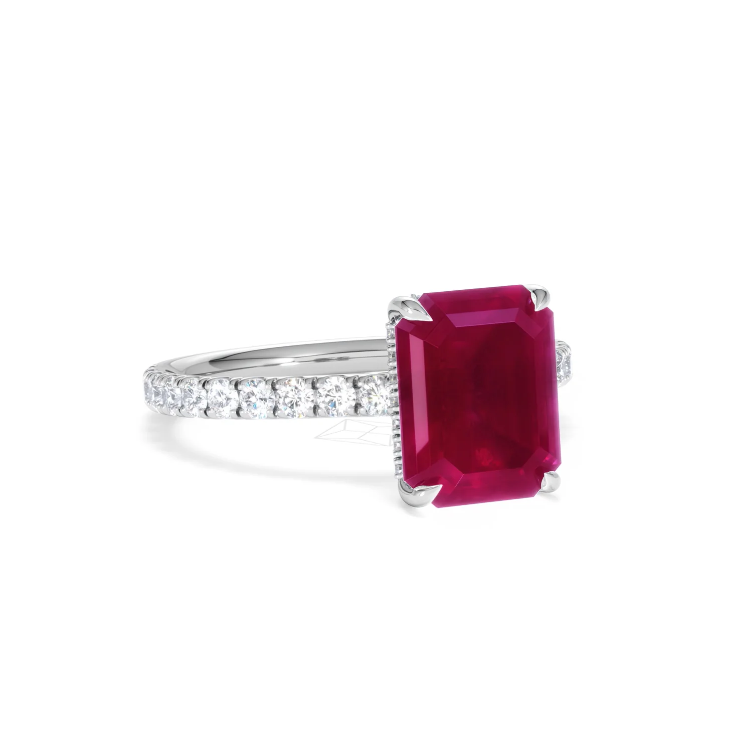 Amora 2.50ct Emerald Cut Lab Ruby Hidden Halo Engagement Ring with Side Stones in 18K White Gold - Image 14