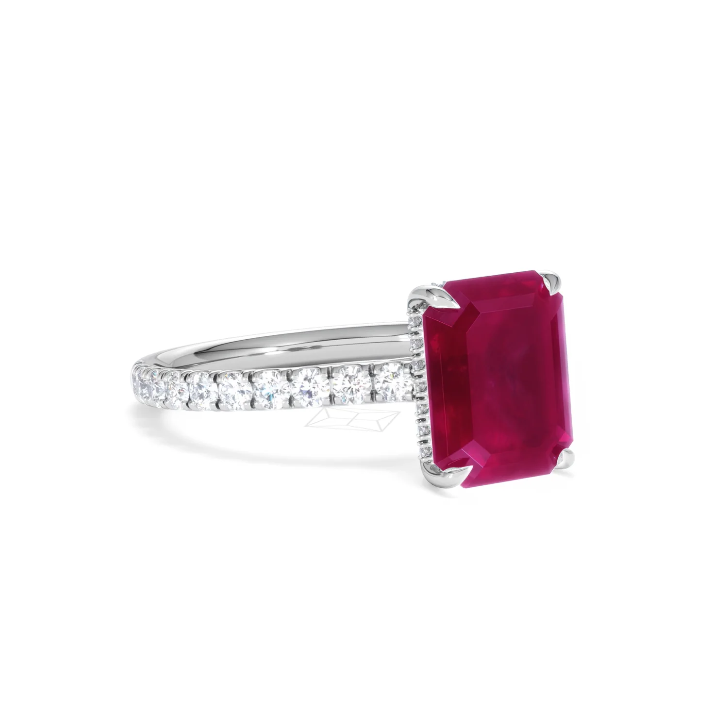 Amora 2.50ct Emerald Cut Lab Ruby Hidden Halo Engagement Ring with Side Stones in 18K White Gold - Image 16
