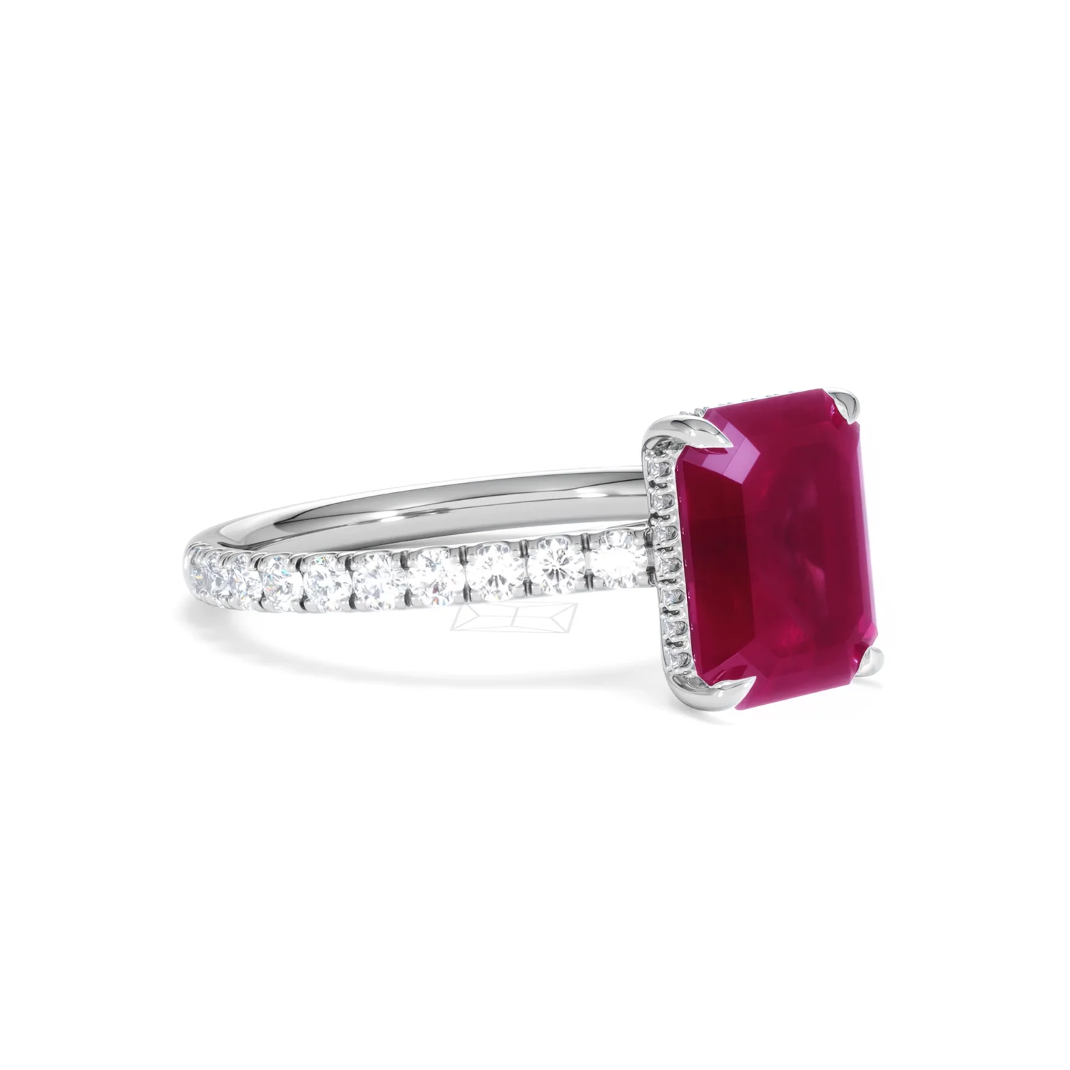 Amora 2.50ct Emerald Cut Lab Ruby Hidden Halo Engagement Ring with Side Stones in 18K White Gold - Image 18