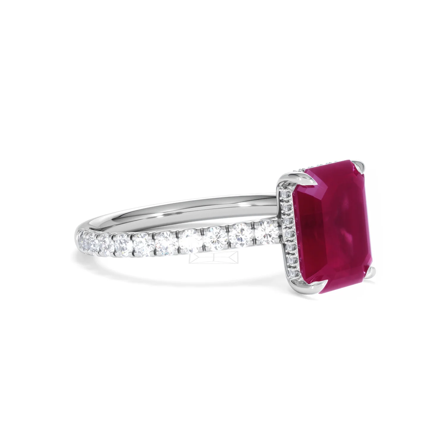 Amora 2.50ct Emerald Cut Lab Ruby Hidden Halo Engagement Ring with Side Stones in 18K White Gold - Image 19