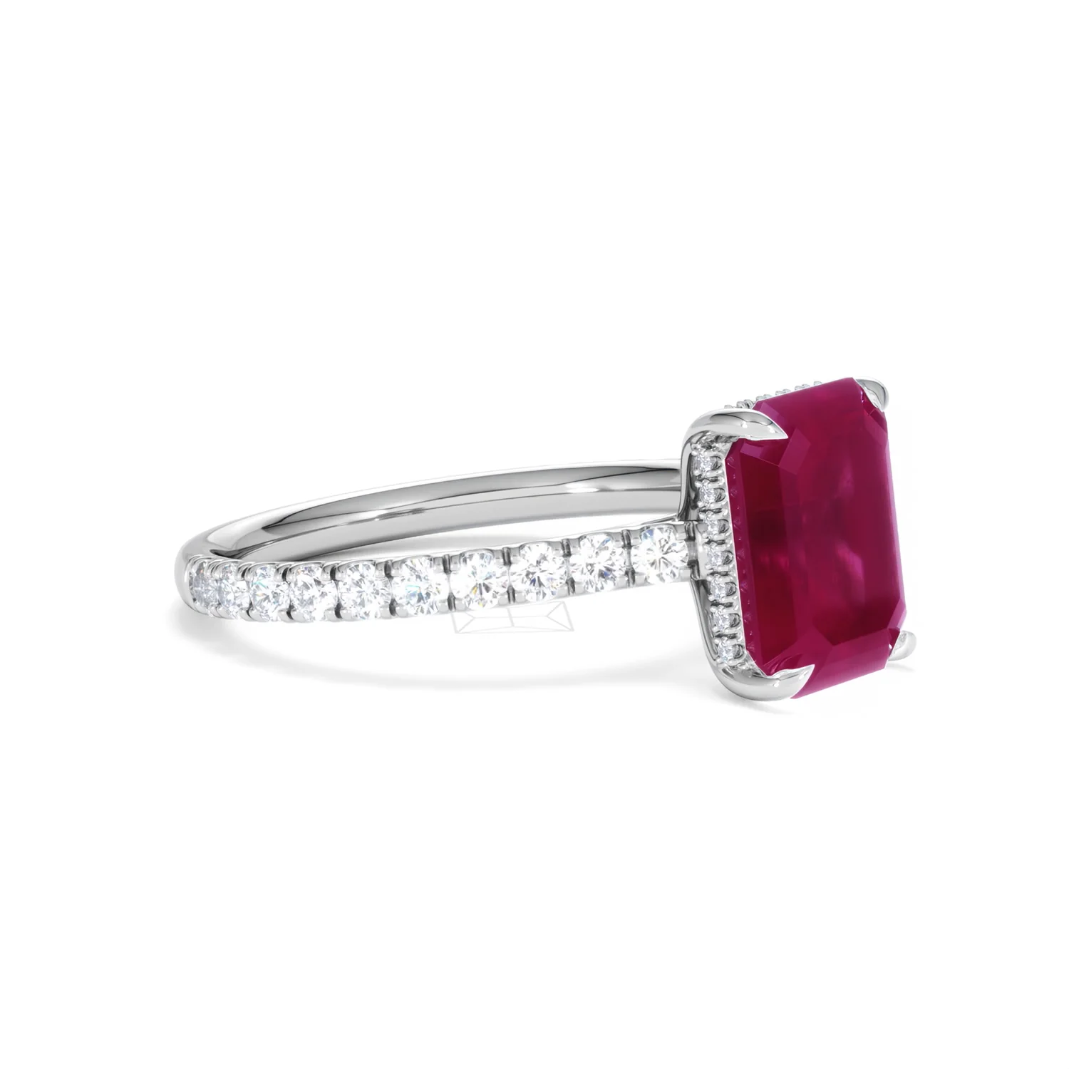 Amora 2.50ct Emerald Cut Lab Ruby Hidden Halo Engagement Ring with Side Stones in 18K White Gold - Image 20