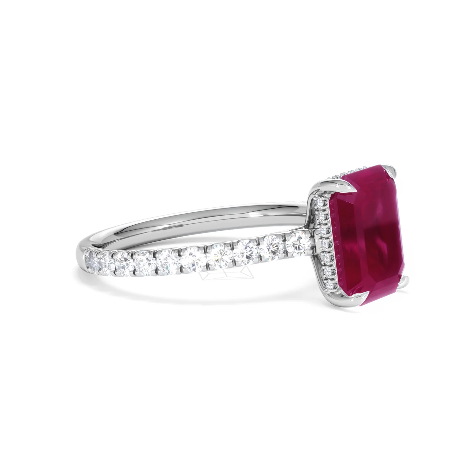 Amora 2.50ct Emerald Cut Lab Ruby Hidden Halo Engagement Ring with Side Stones in 18K White Gold - Image 21