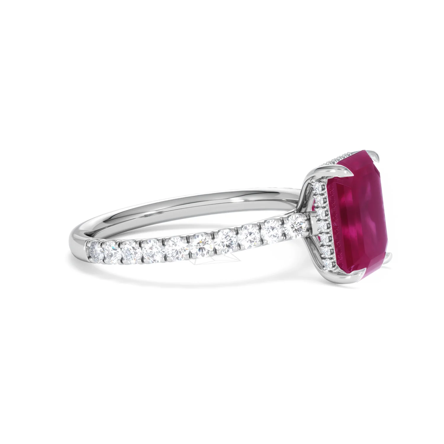 Amora 2.50ct Emerald Cut Lab Ruby Hidden Halo Engagement Ring with Side Stones in 18K White Gold - Image 23