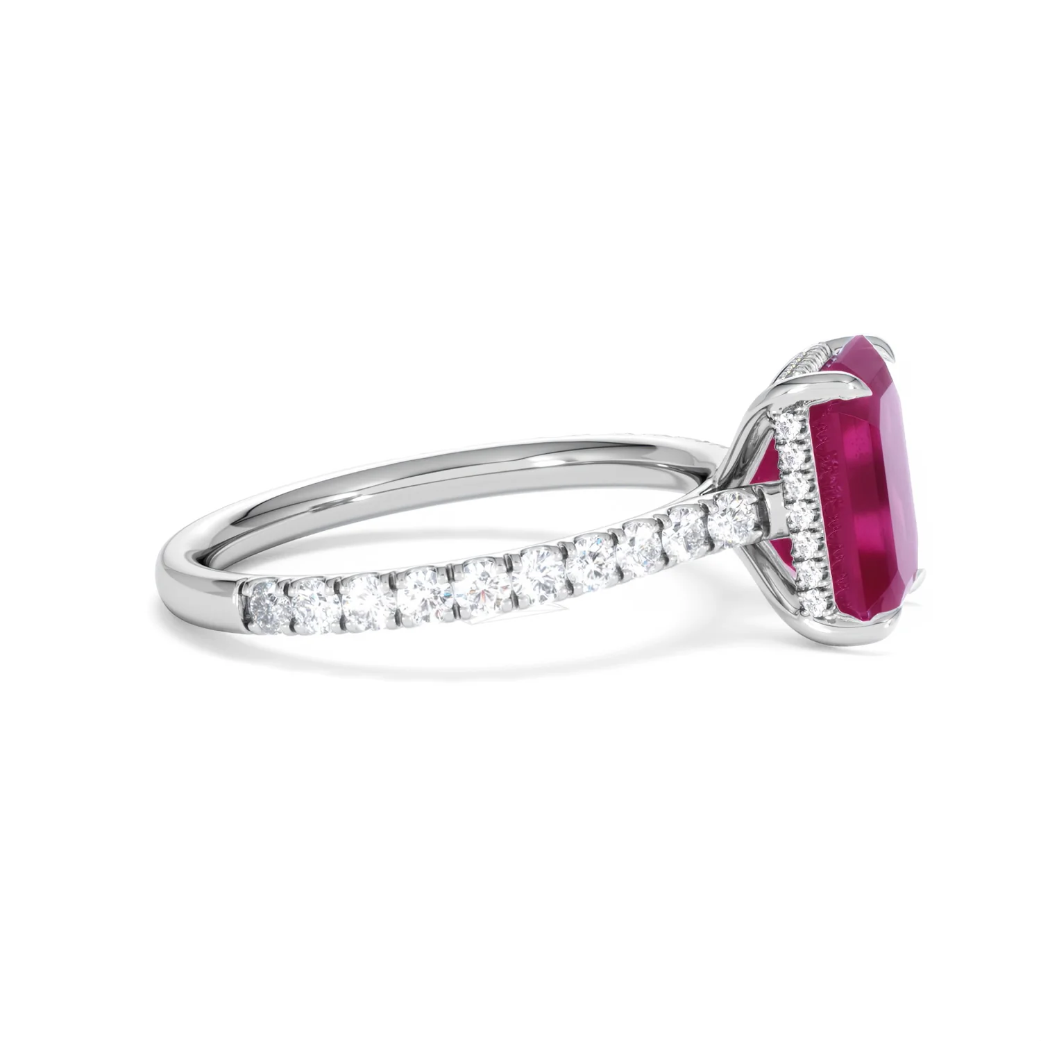 Amora 2.50ct Emerald Cut Lab Ruby Hidden Halo Engagement Ring with Side Stones in 18K White Gold - Image 26