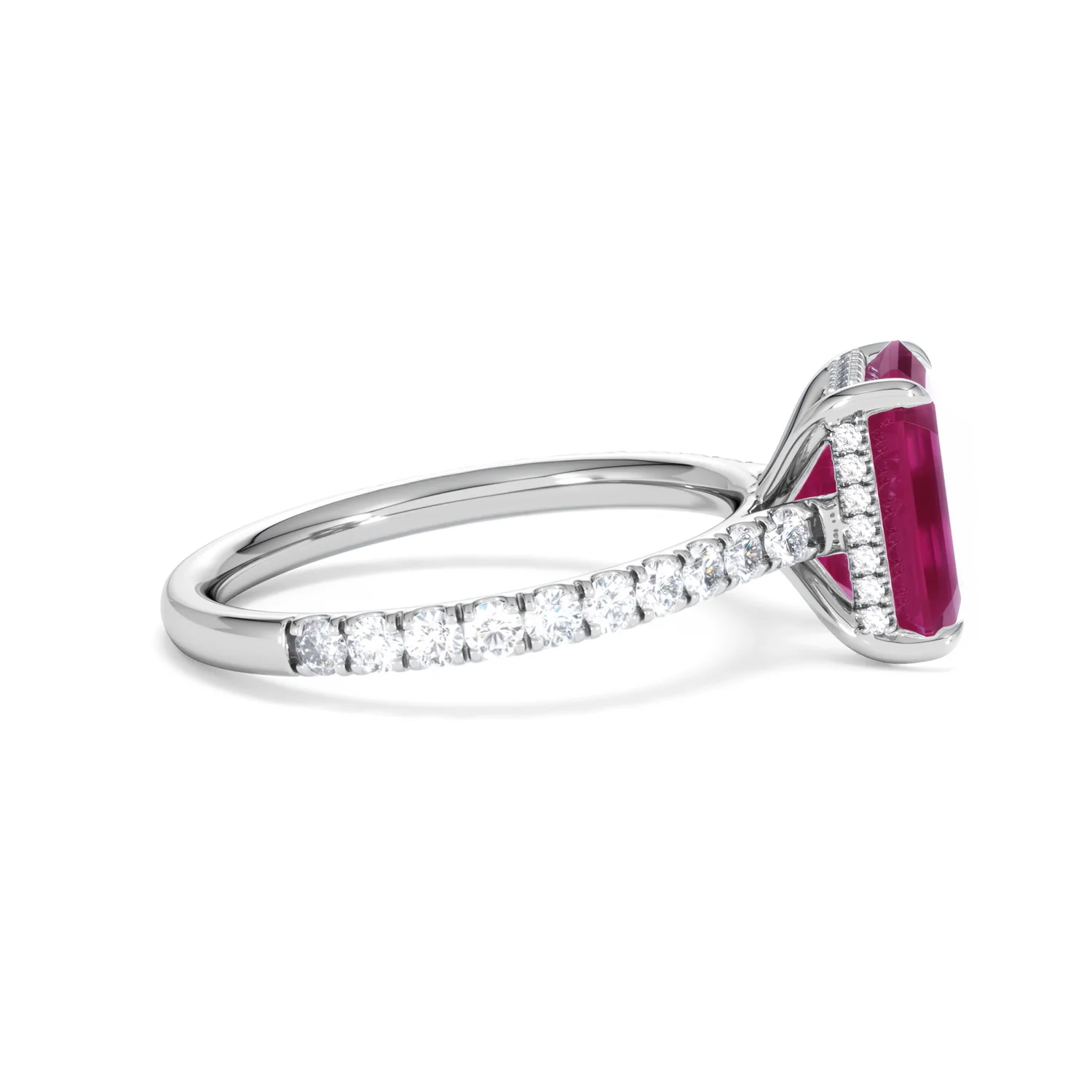 Amora 2.50ct Emerald Cut Lab Ruby Hidden Halo Engagement Ring with Side Stones in 18K White Gold - Image 28