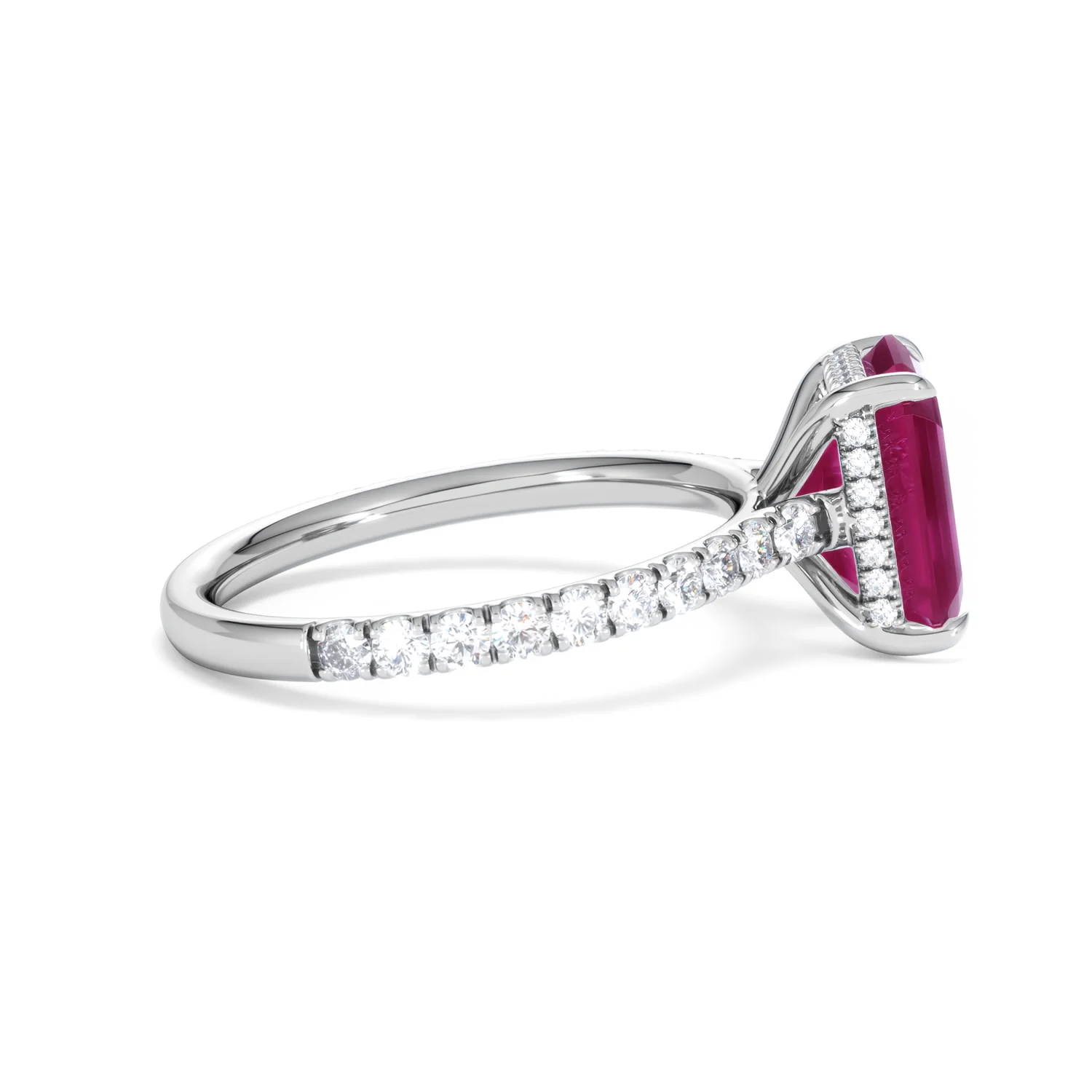 Amora 2.50ct Emerald Cut Lab Ruby Hidden Halo Engagement Ring with Side Stones in 18K White Gold - Image 29