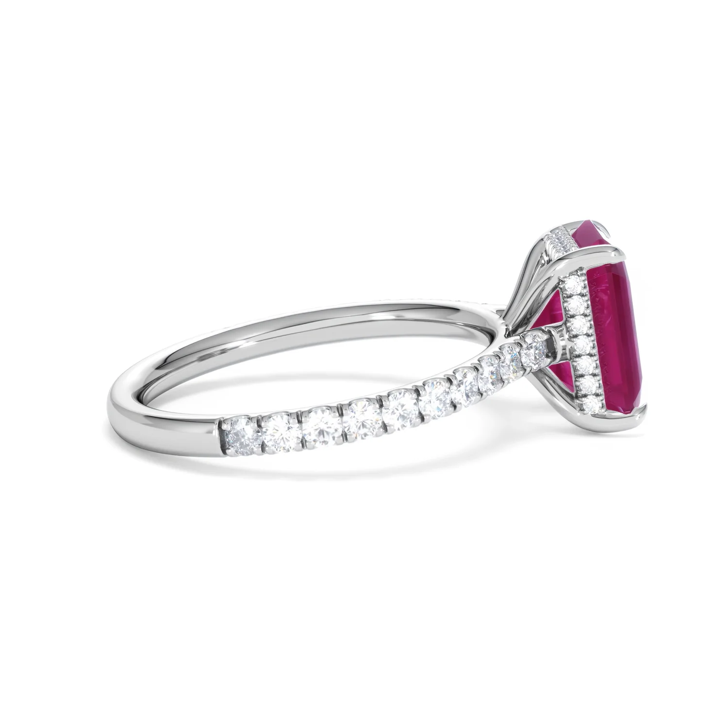 Amora 2.50ct Emerald Cut Lab Ruby Hidden Halo Engagement Ring with Side Stones in 18K White Gold - Image 30