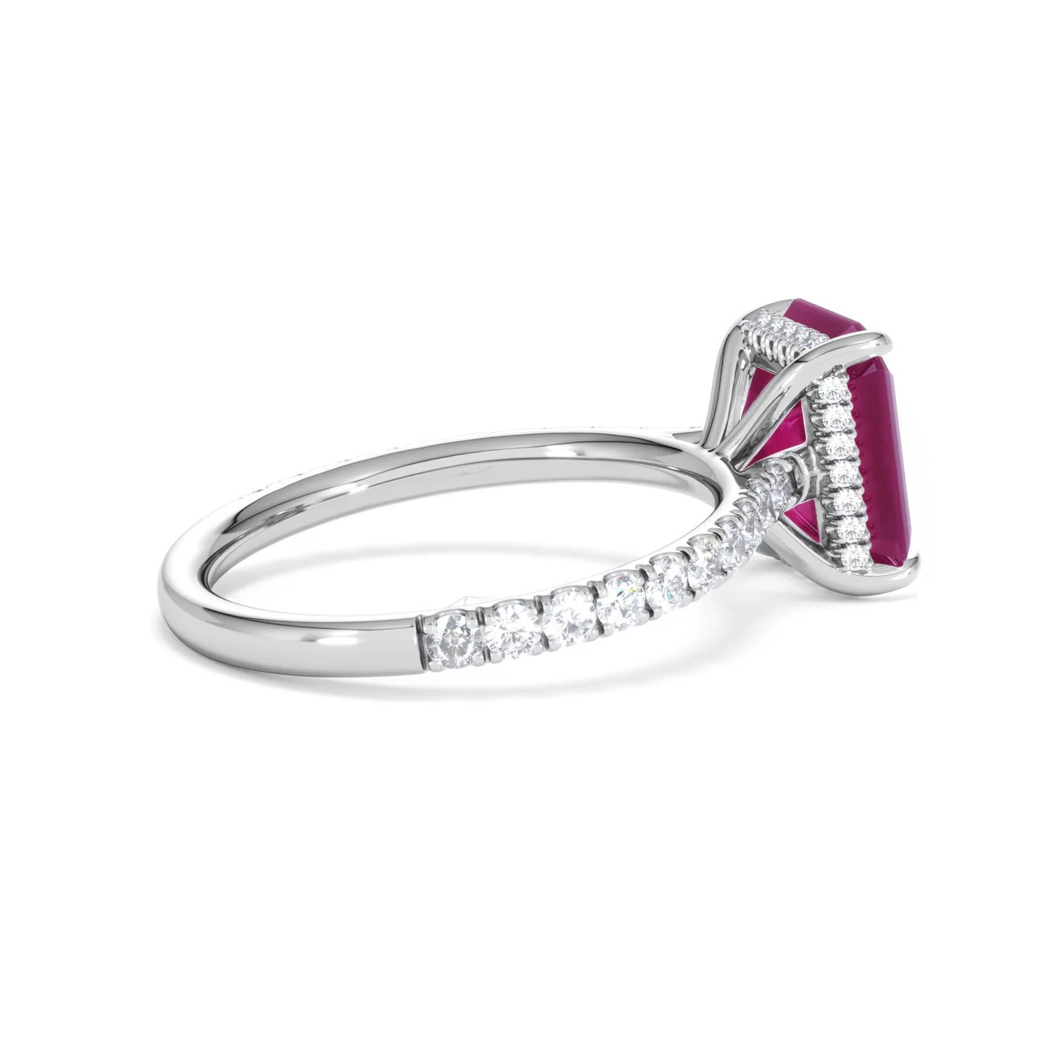 Amora 2.50ct Emerald Cut Lab Ruby Hidden Halo Engagement Ring with Side Stones in 18K White Gold - Image 34