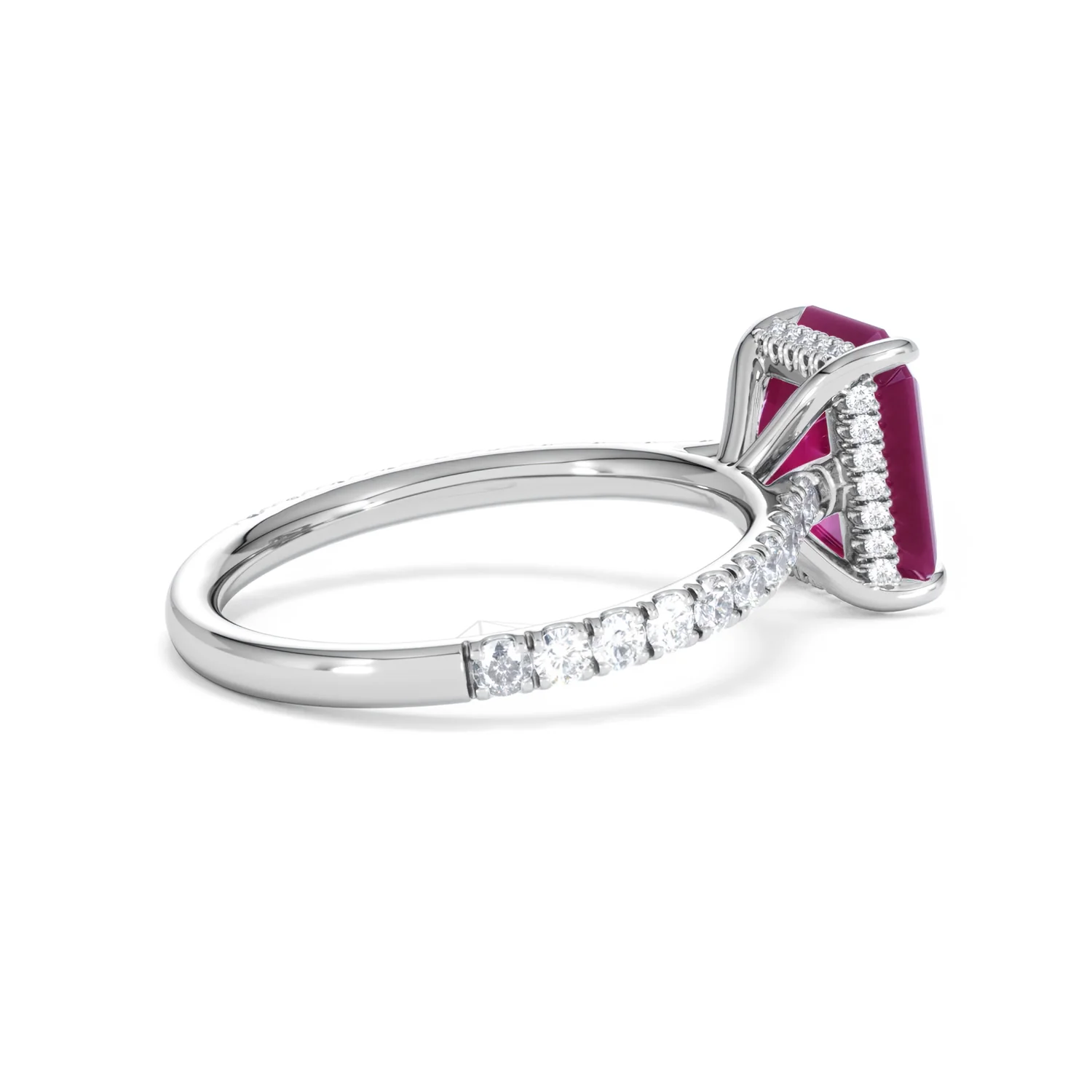 Amora 2.50ct Emerald Cut Lab Ruby Hidden Halo Engagement Ring with Side Stones in 18K White Gold - Image 35