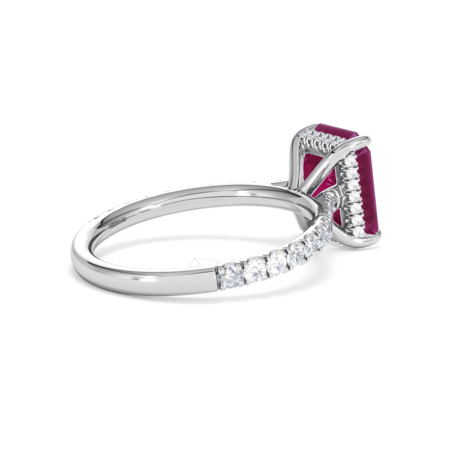 Amora 2.50ct Emerald Cut Lab Ruby Hidden Halo Engagement Ring with Side Stones in 18K White Gold - Image 37