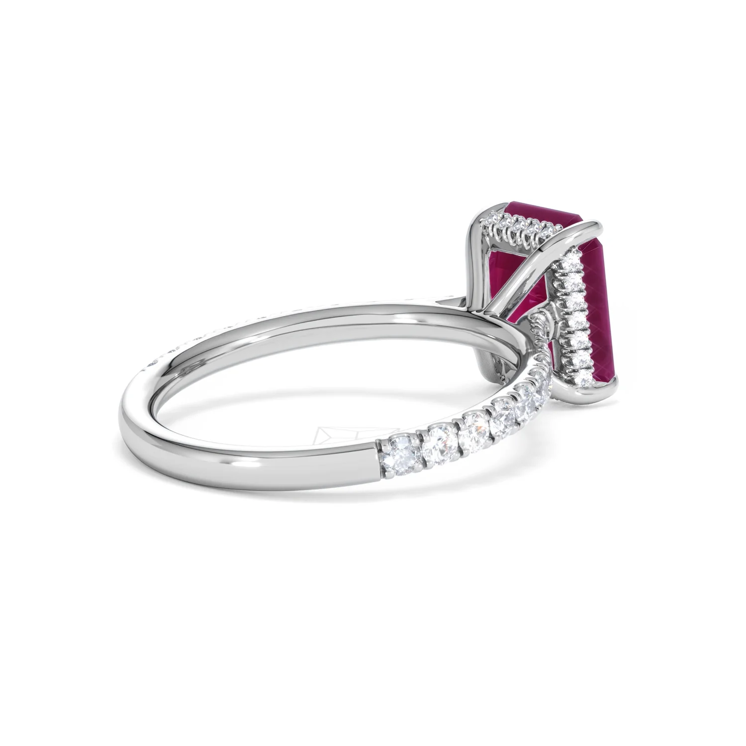 Amora 2.50ct Emerald Cut Lab Ruby Hidden Halo Engagement Ring with Side Stones in 18K White Gold - Image 38