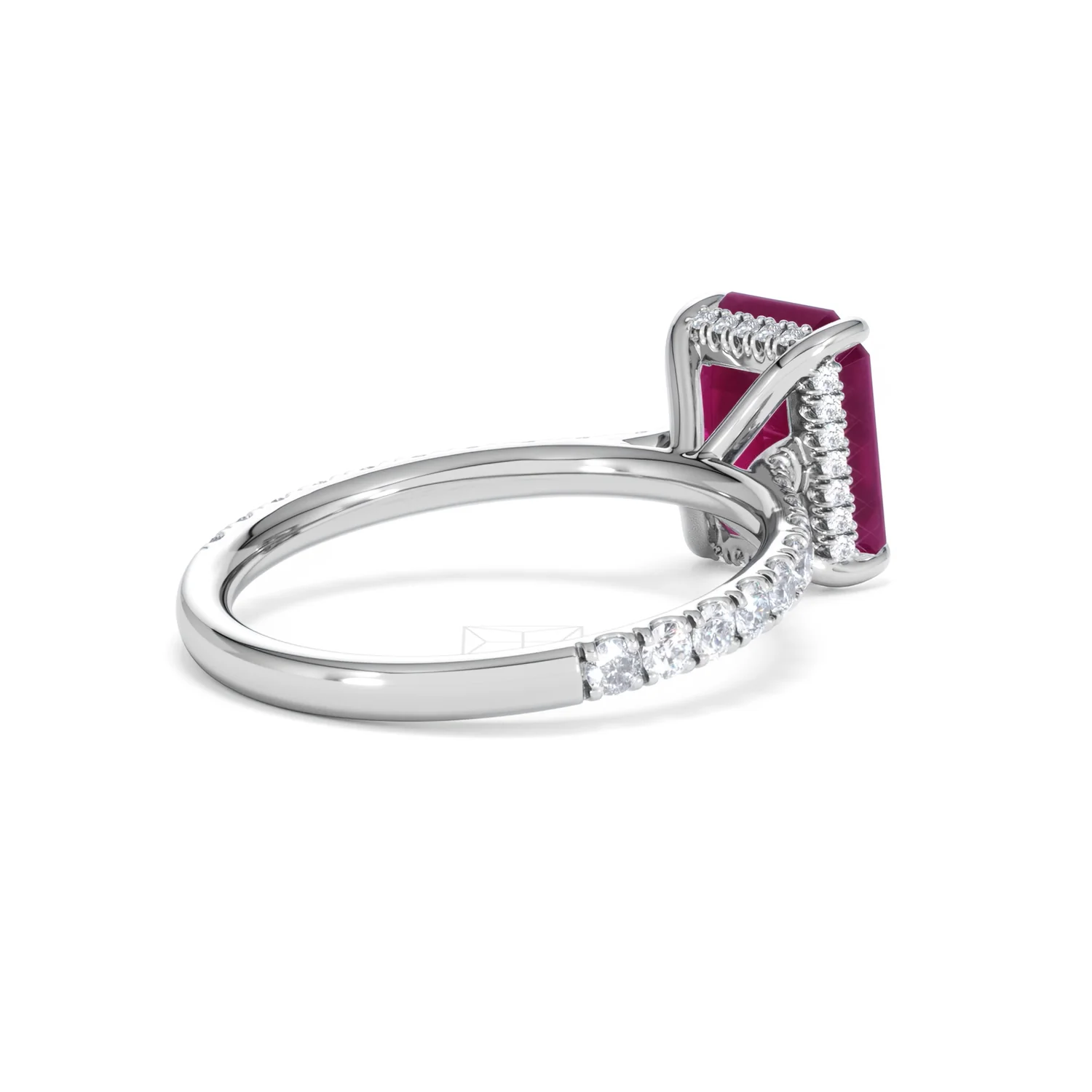 Amora 2.50ct Emerald Cut Lab Ruby Hidden Halo Engagement Ring with Side Stones in 18K White Gold - Image 39