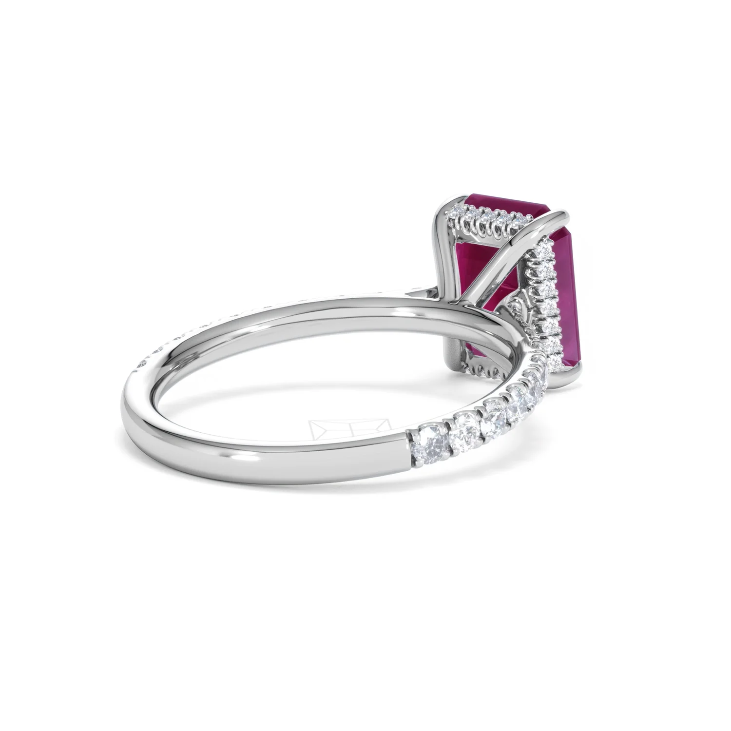 Amora 2.50ct Emerald Cut Lab Ruby Hidden Halo Engagement Ring with Side Stones in 18K White Gold - Image 40