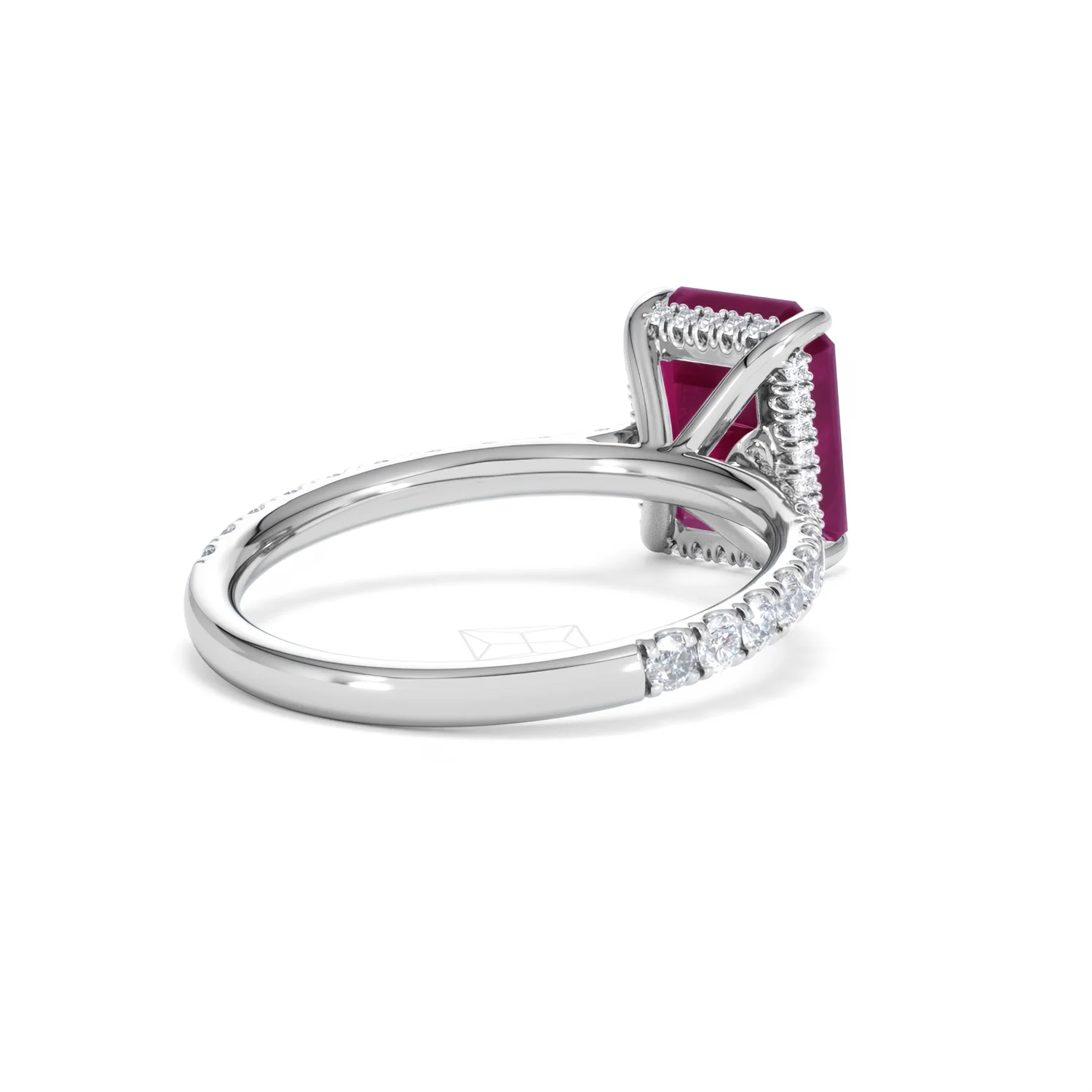 Amora 2.50ct Emerald Cut Lab Ruby Hidden Halo Engagement Ring with Side Stones in 18K White Gold - Image 41