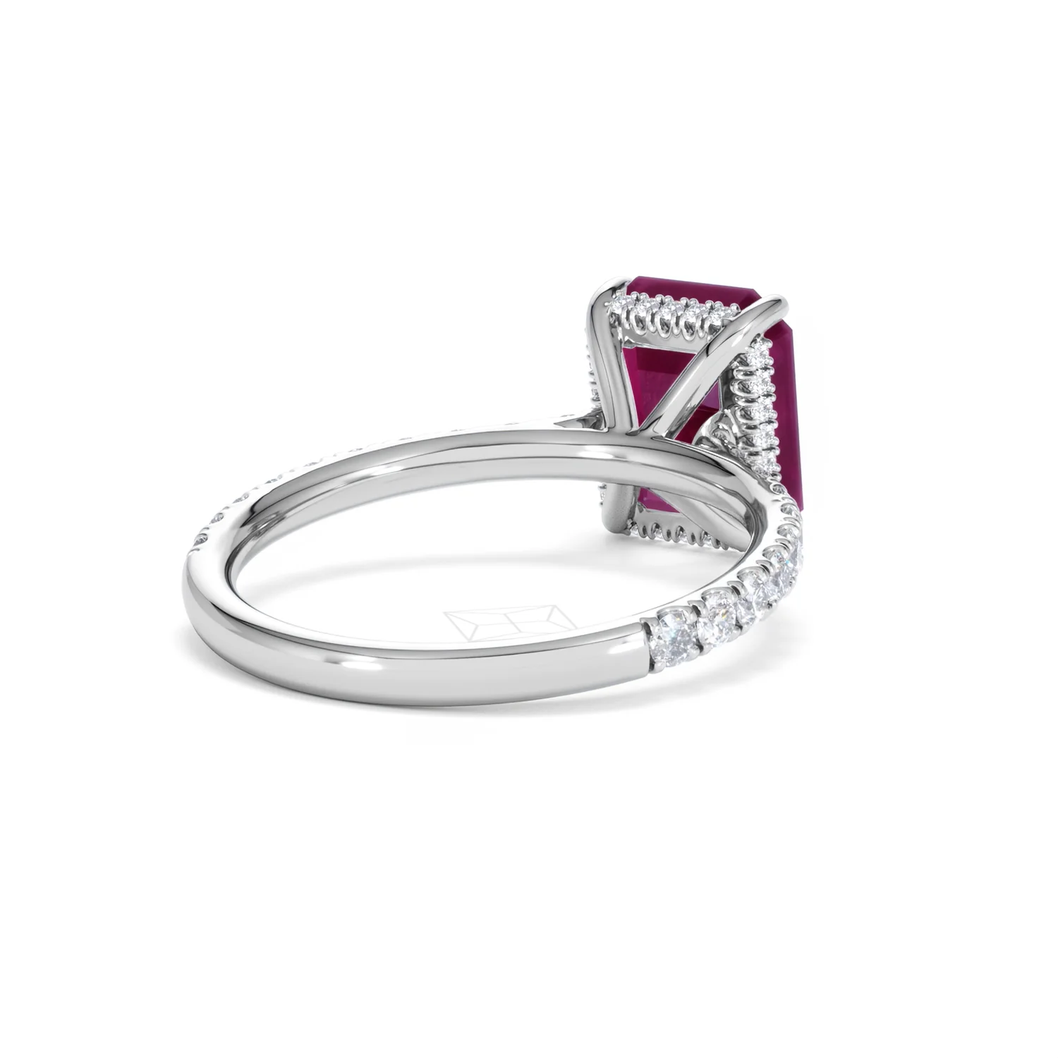 Amora 2.50ct Emerald Cut Lab Ruby Hidden Halo Engagement Ring with Side Stones in 18K White Gold - Image 42