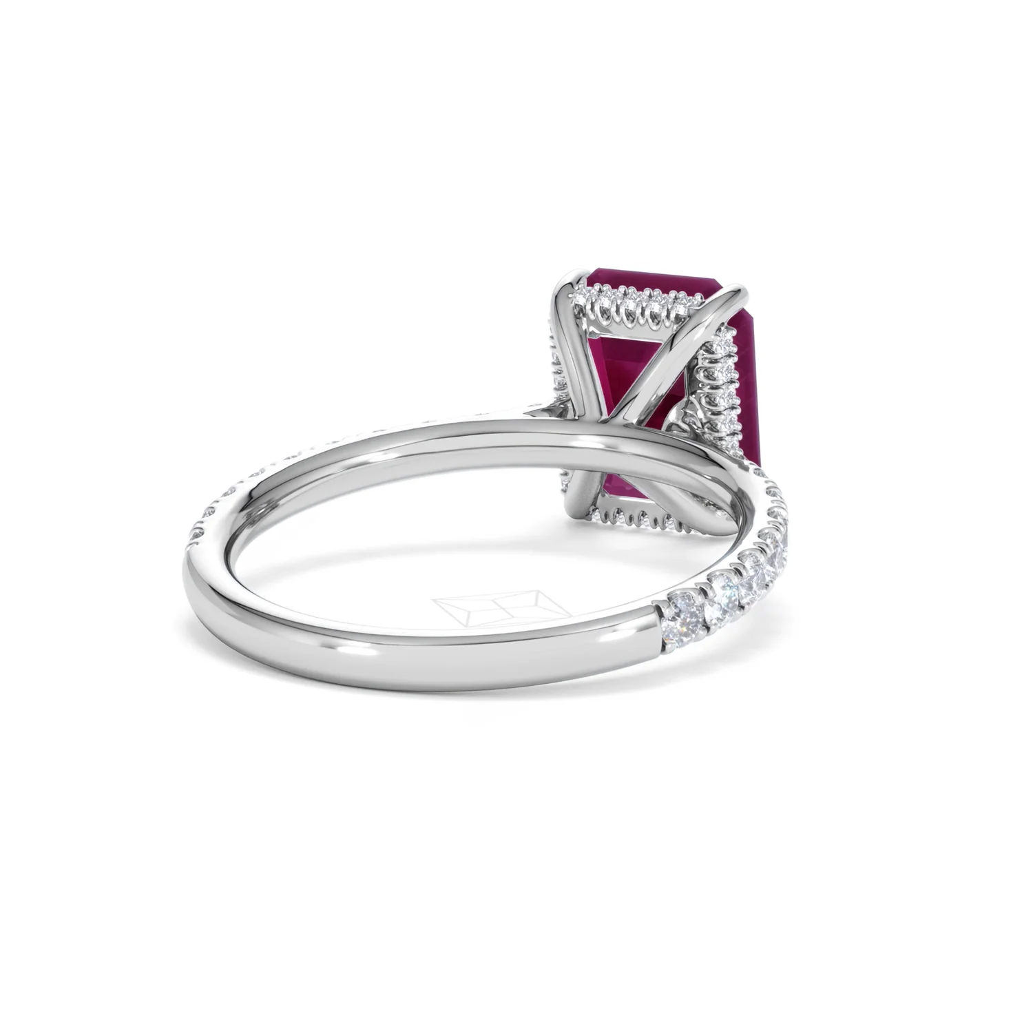 Amora 2.50ct Emerald Cut Lab Ruby Hidden Halo Engagement Ring with Side Stones in 18K White Gold - Image 43
