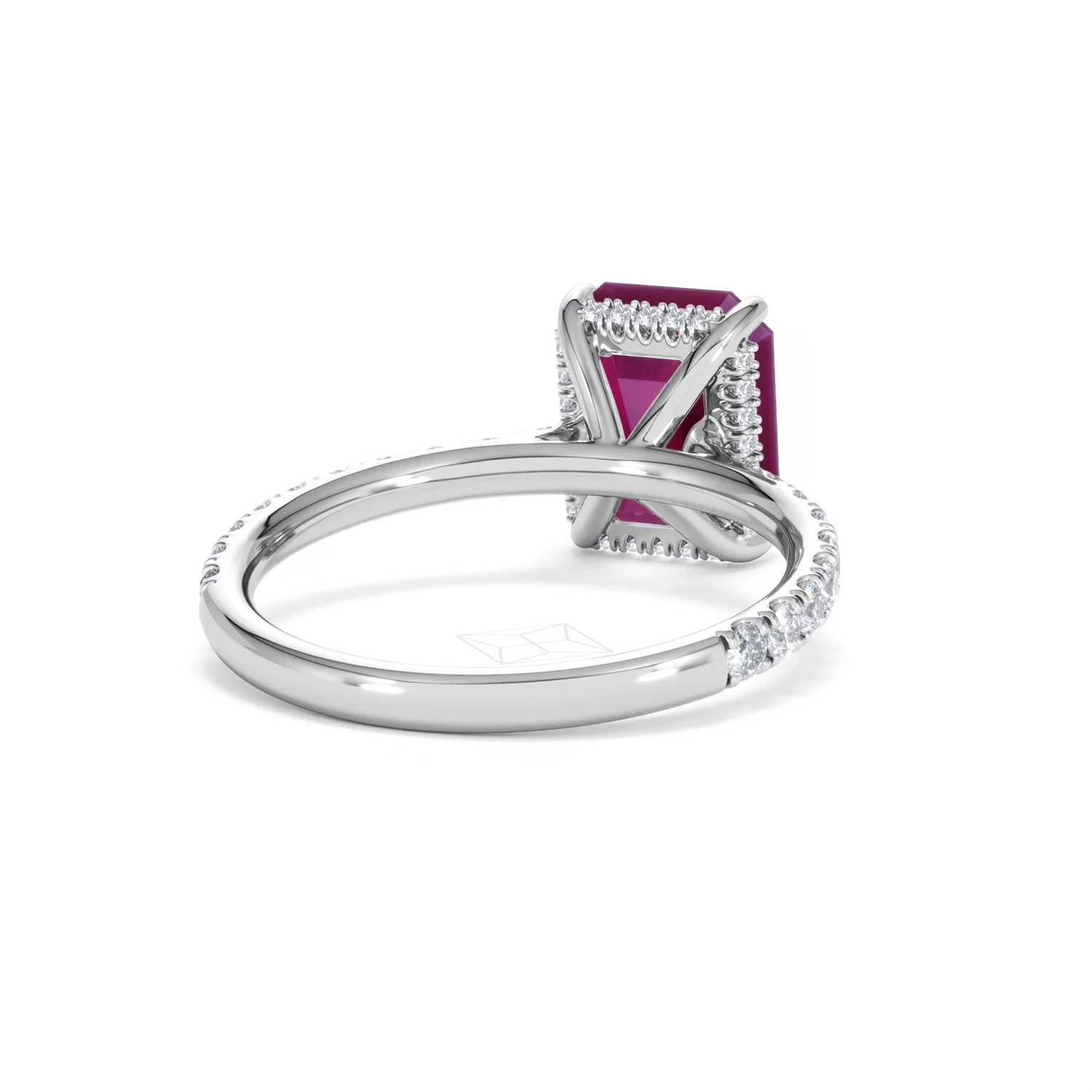 Amora 2.50ct Emerald Cut Lab Ruby Hidden Halo Engagement Ring with Side Stones in 18K White Gold - Image 44