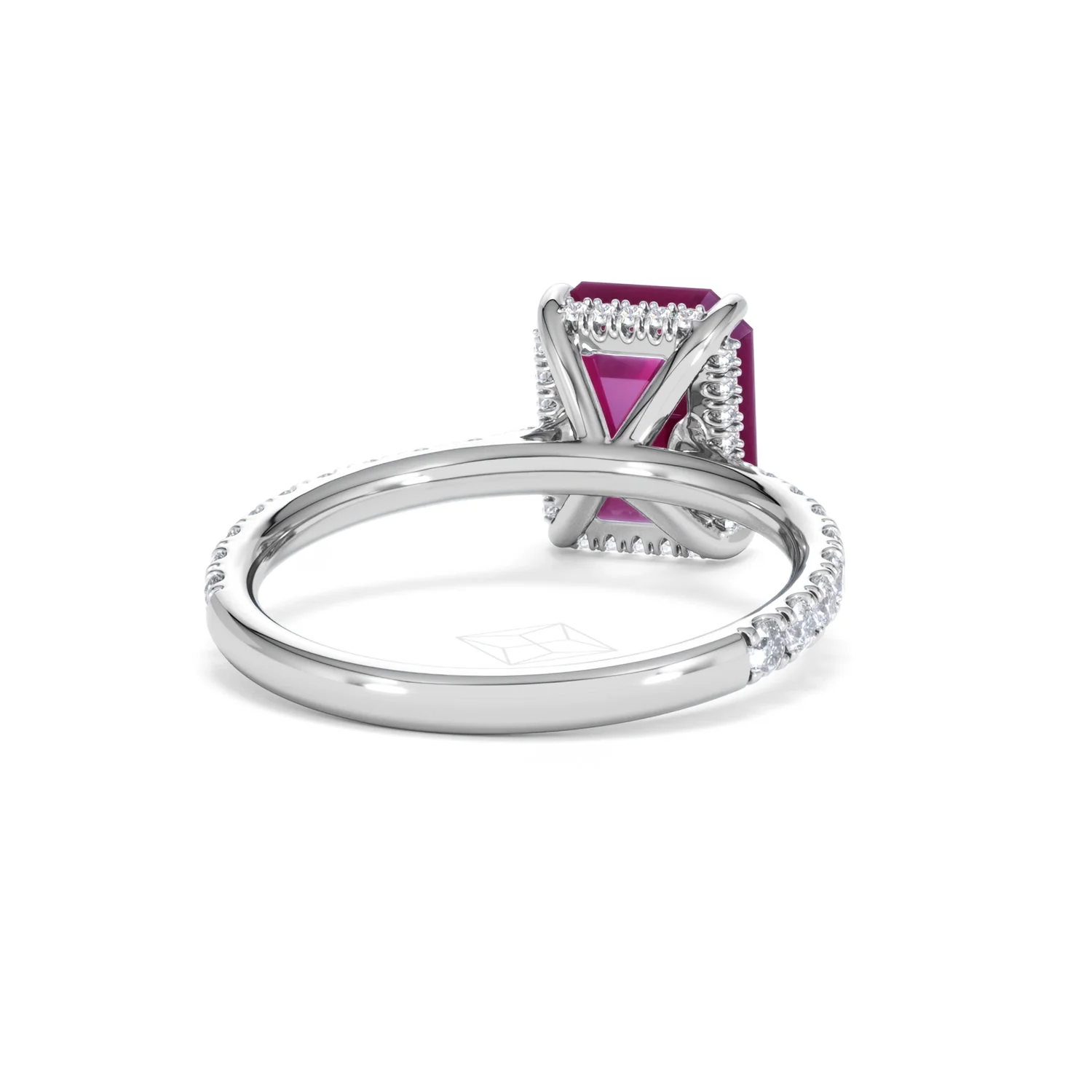 Amora 2.50ct Emerald Cut Lab Ruby Hidden Halo Engagement Ring with Side Stones in 18K White Gold - Image 45