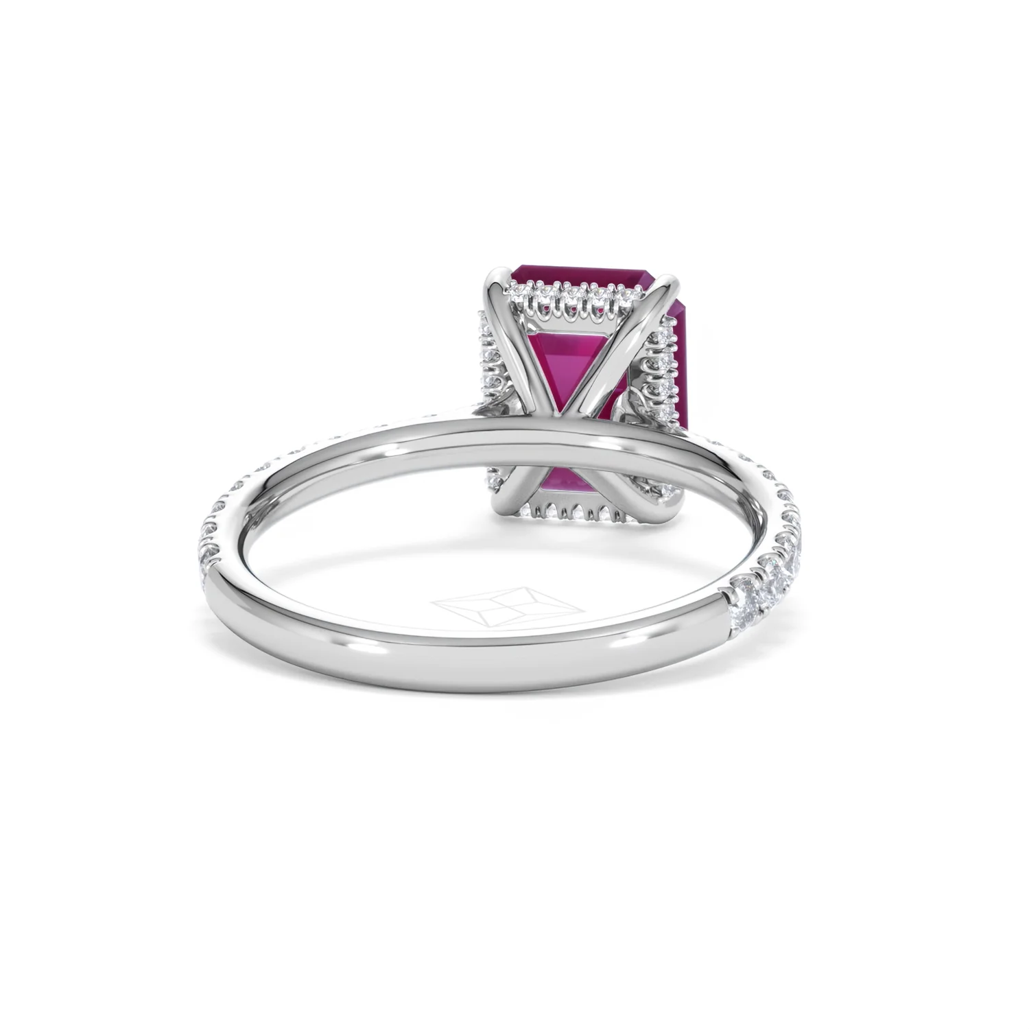 Amora 2.50ct Emerald Cut Lab Ruby Hidden Halo Engagement Ring with Side Stones in 18K White Gold - Image 46