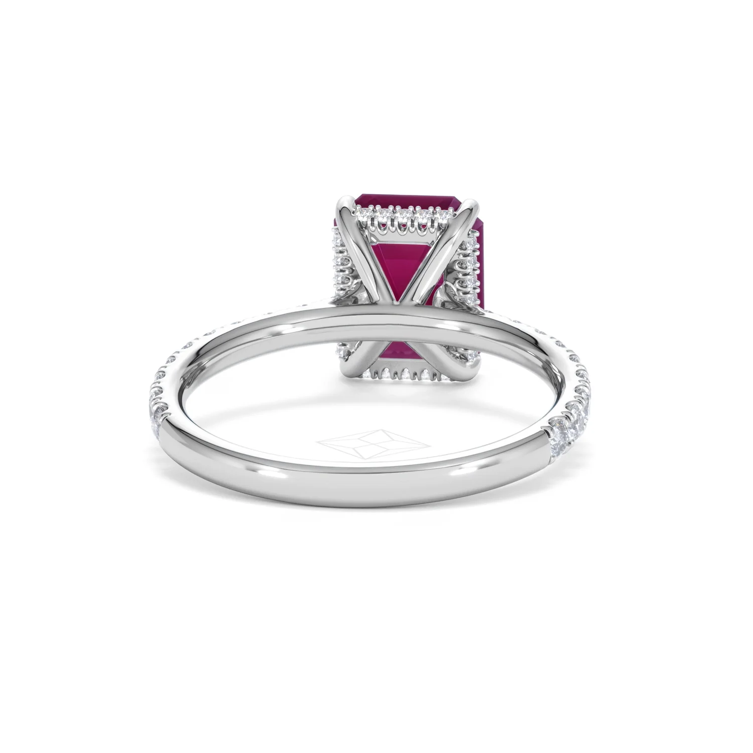 Amora 2.50ct Emerald Cut Lab Ruby Hidden Halo Engagement Ring with Side Stones in 18K White Gold - Image 47