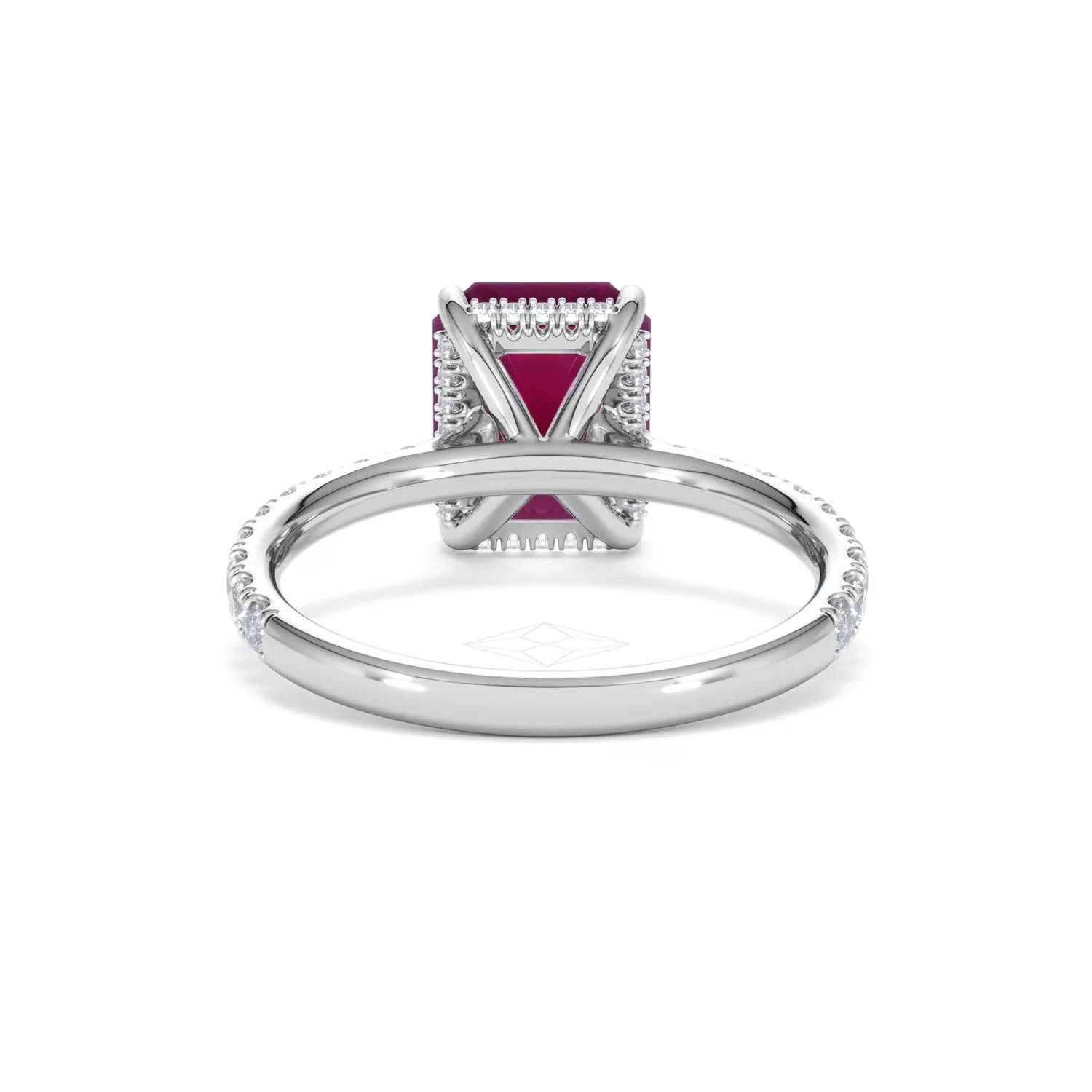 Amora 2.50ct Emerald Cut Lab Ruby Hidden Halo Engagement Ring with Side Stones in 18K White Gold - Image 49