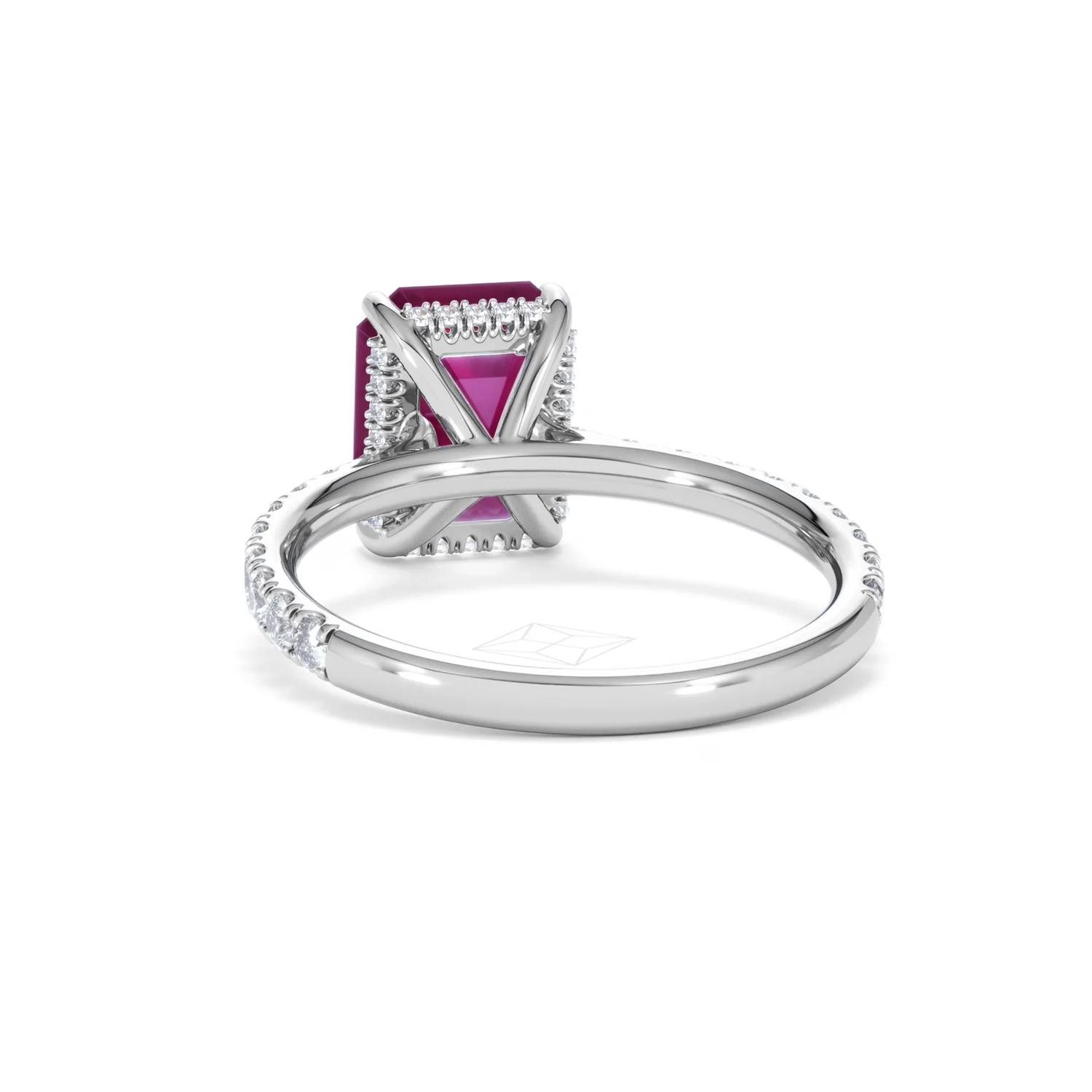 Amora 2.50ct Emerald Cut Lab Ruby Hidden Halo Engagement Ring with Side Stones in 18K White Gold - Image 52