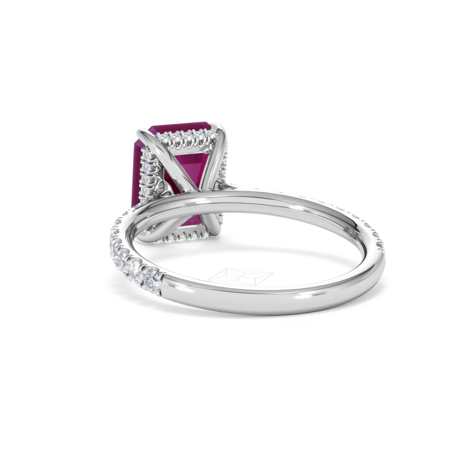 Amora 2.50ct Emerald Cut Lab Ruby Hidden Halo Engagement Ring with Side Stones in 18K White Gold - Image 54