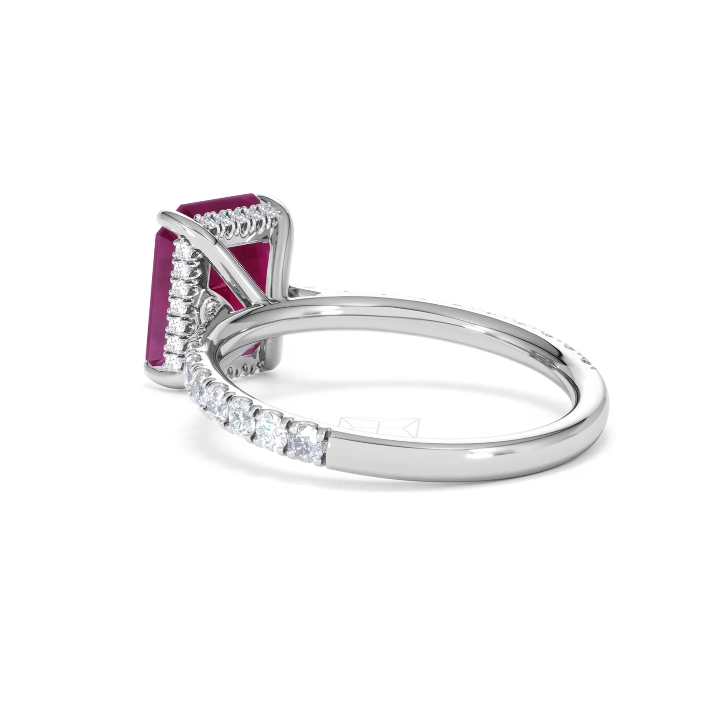 Amora 2.50ct Emerald Cut Lab Ruby Hidden Halo Engagement Ring with Side Stones in 18K White Gold - Image 58