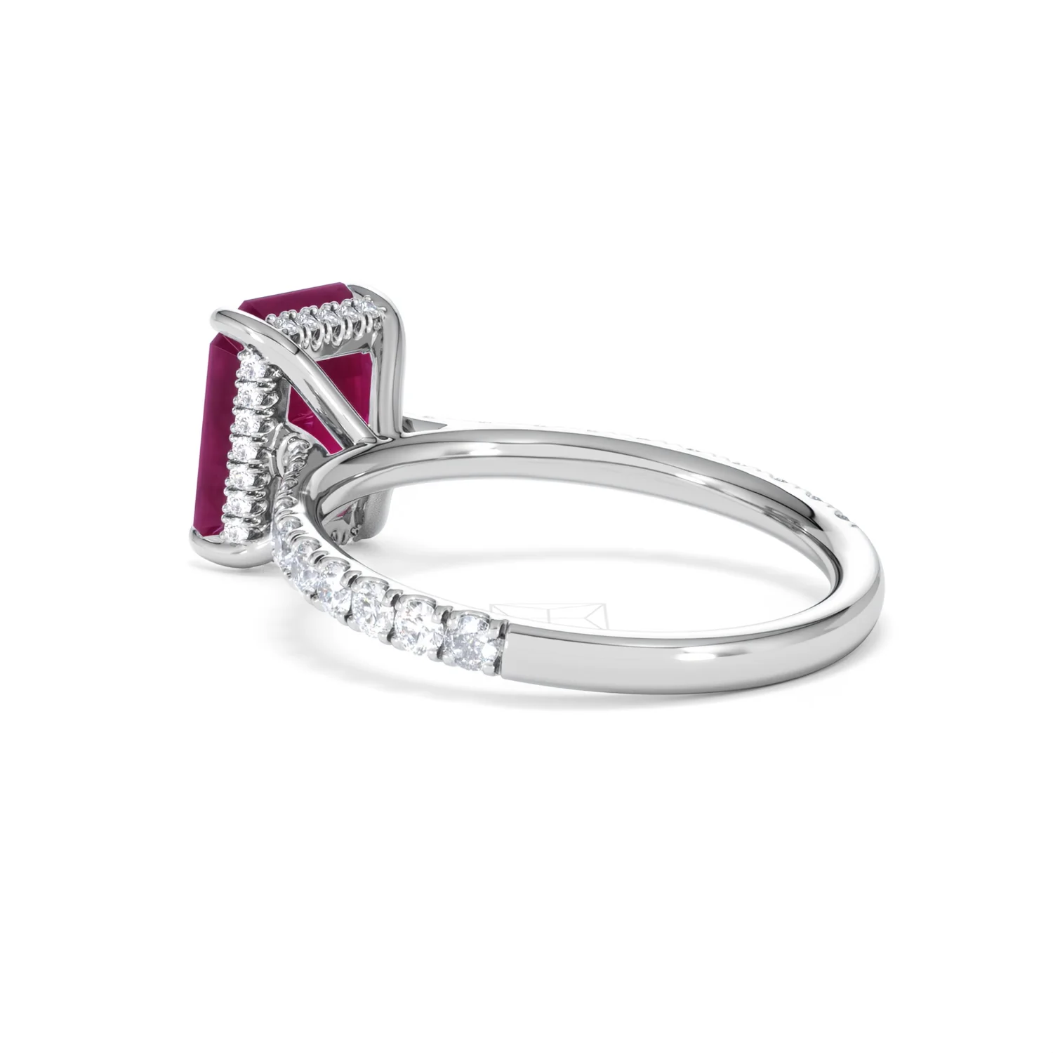 Amora 2.50ct Emerald Cut Lab Ruby Hidden Halo Engagement Ring with Side Stones in 18K White Gold - Image 59