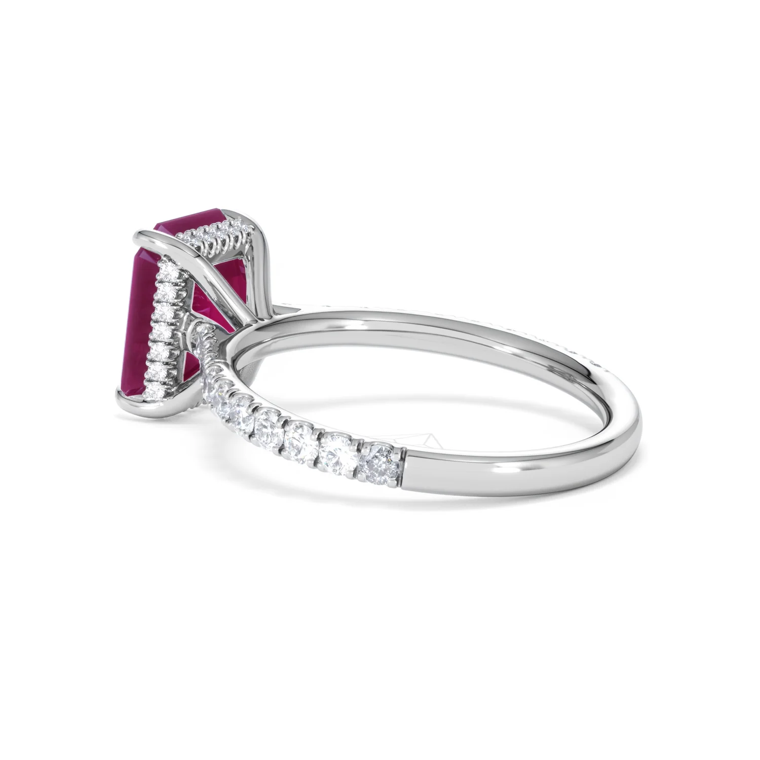 Amora 2.50ct Emerald Cut Lab Ruby Hidden Halo Engagement Ring with Side Stones in 18K White Gold - Image 61