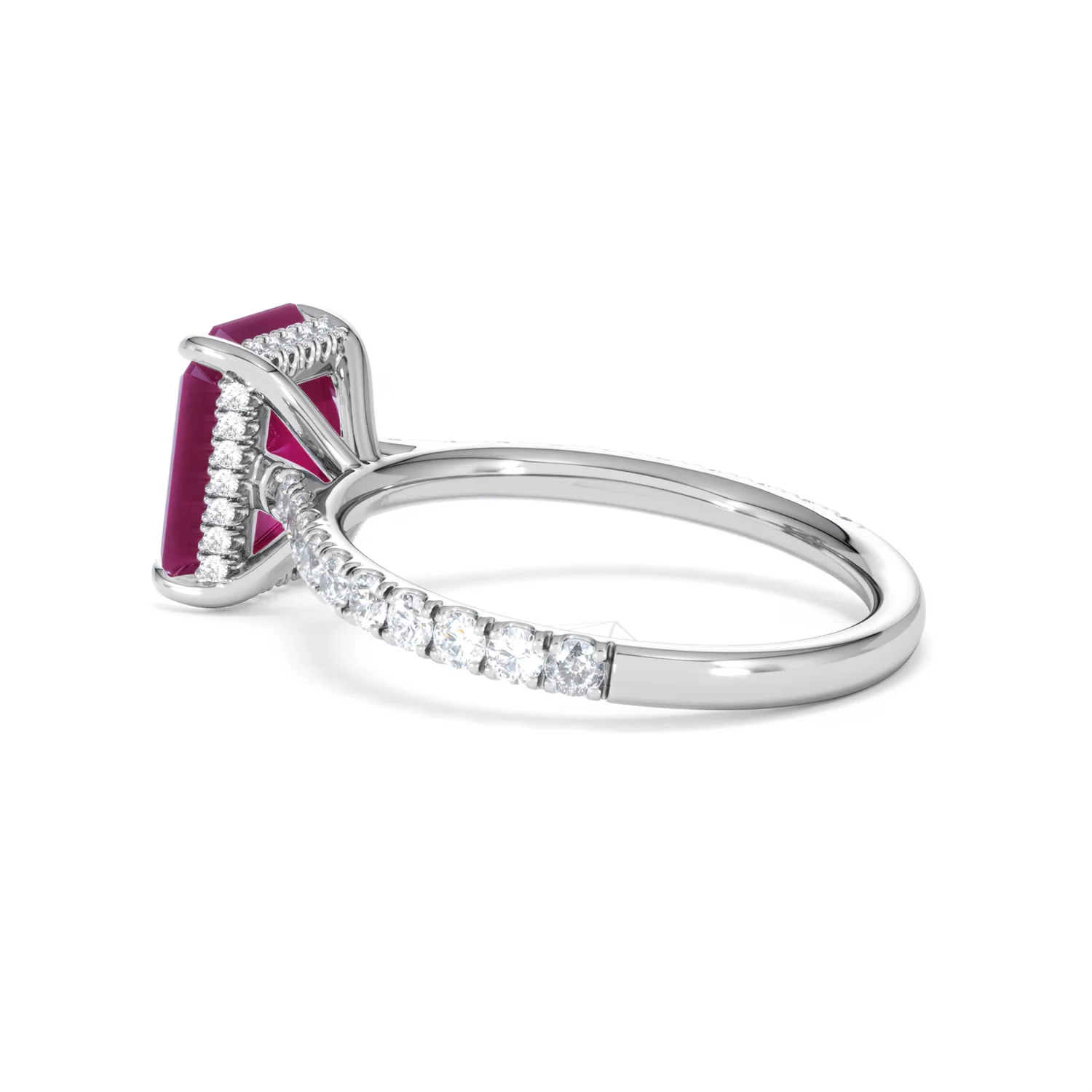 Amora 2.50ct Emerald Cut Lab Ruby Hidden Halo Engagement Ring with Side Stones in 18K White Gold - Image 62