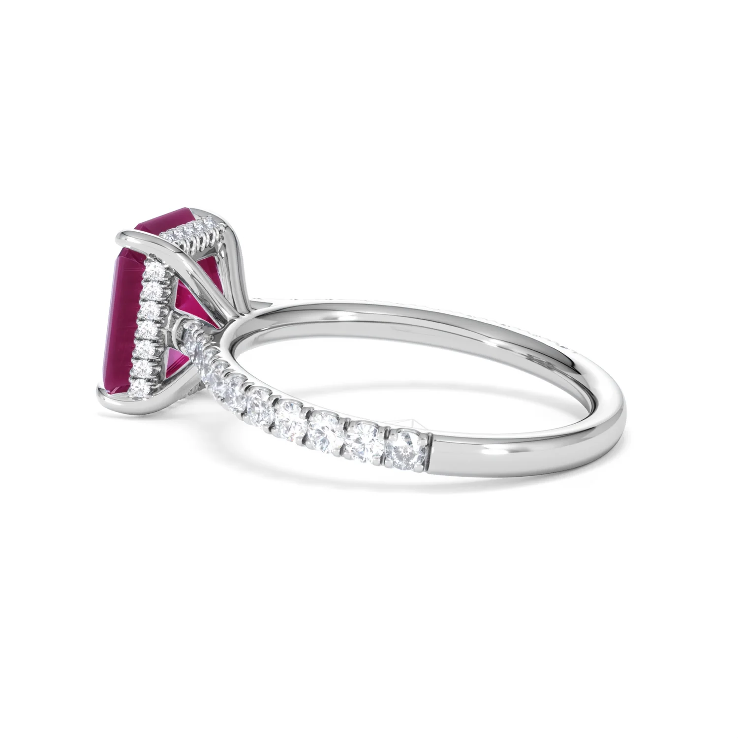 Amora 2.50ct Emerald Cut Lab Ruby Hidden Halo Engagement Ring with Side Stones in 18K White Gold - Image 63