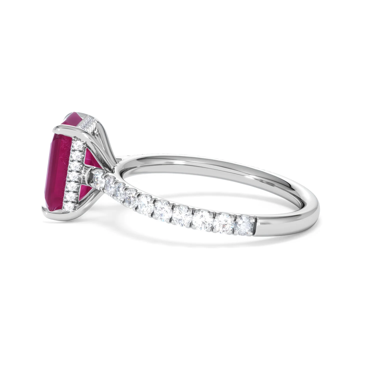 Amora 2.50ct Emerald Cut Lab Ruby Hidden Halo Engagement Ring with Side Stones in 18K White Gold - Image 67
