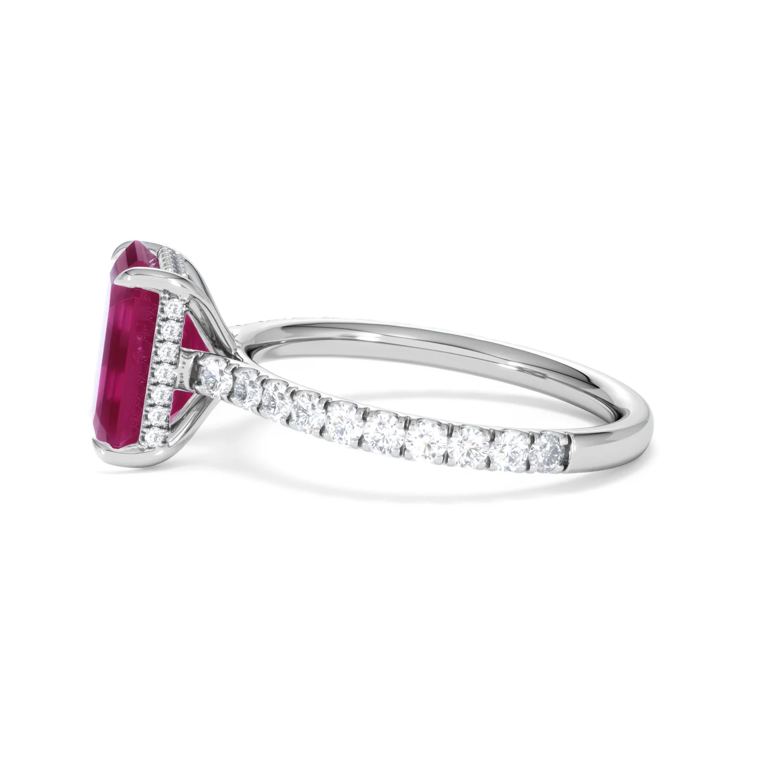Amora 2.50ct Emerald Cut Lab Ruby Hidden Halo Engagement Ring with Side Stones in 18K White Gold - Image 70