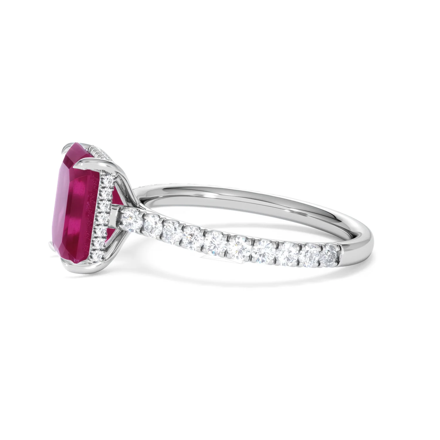Amora 2.50ct Emerald Cut Lab Ruby Hidden Halo Engagement Ring with Side Stones in 18K White Gold - Image 72