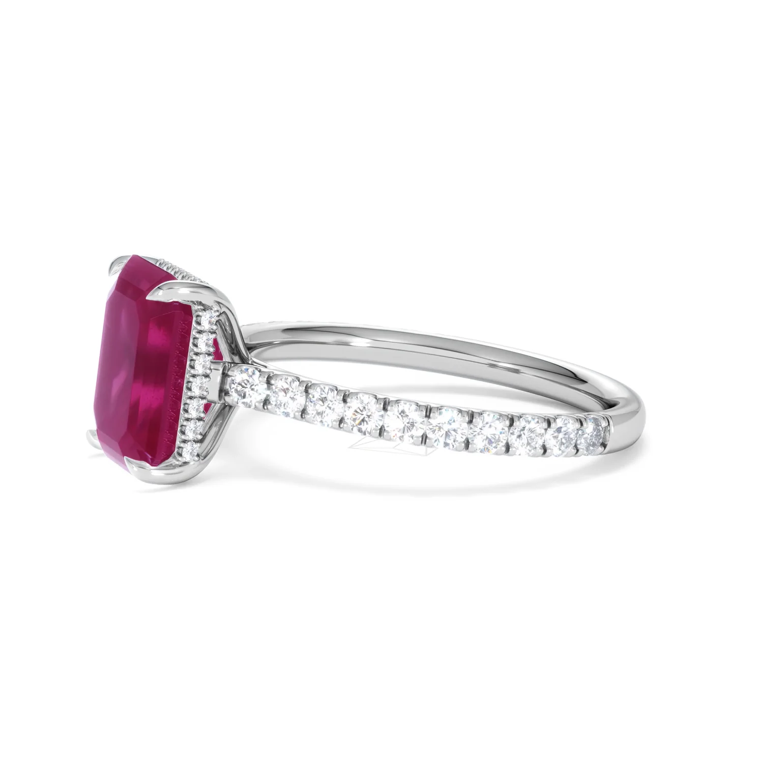 Amora 2.50ct Emerald Cut Lab Ruby Hidden Halo Engagement Ring with Side Stones in 18K White Gold - Image 74