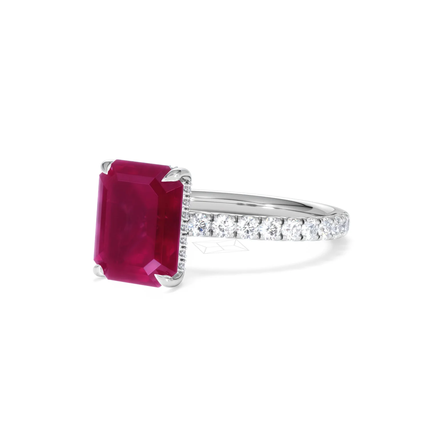 Amora 2.50ct Emerald Cut Lab Ruby Hidden Halo Engagement Ring with Side Stones in 18K White Gold - Image 82