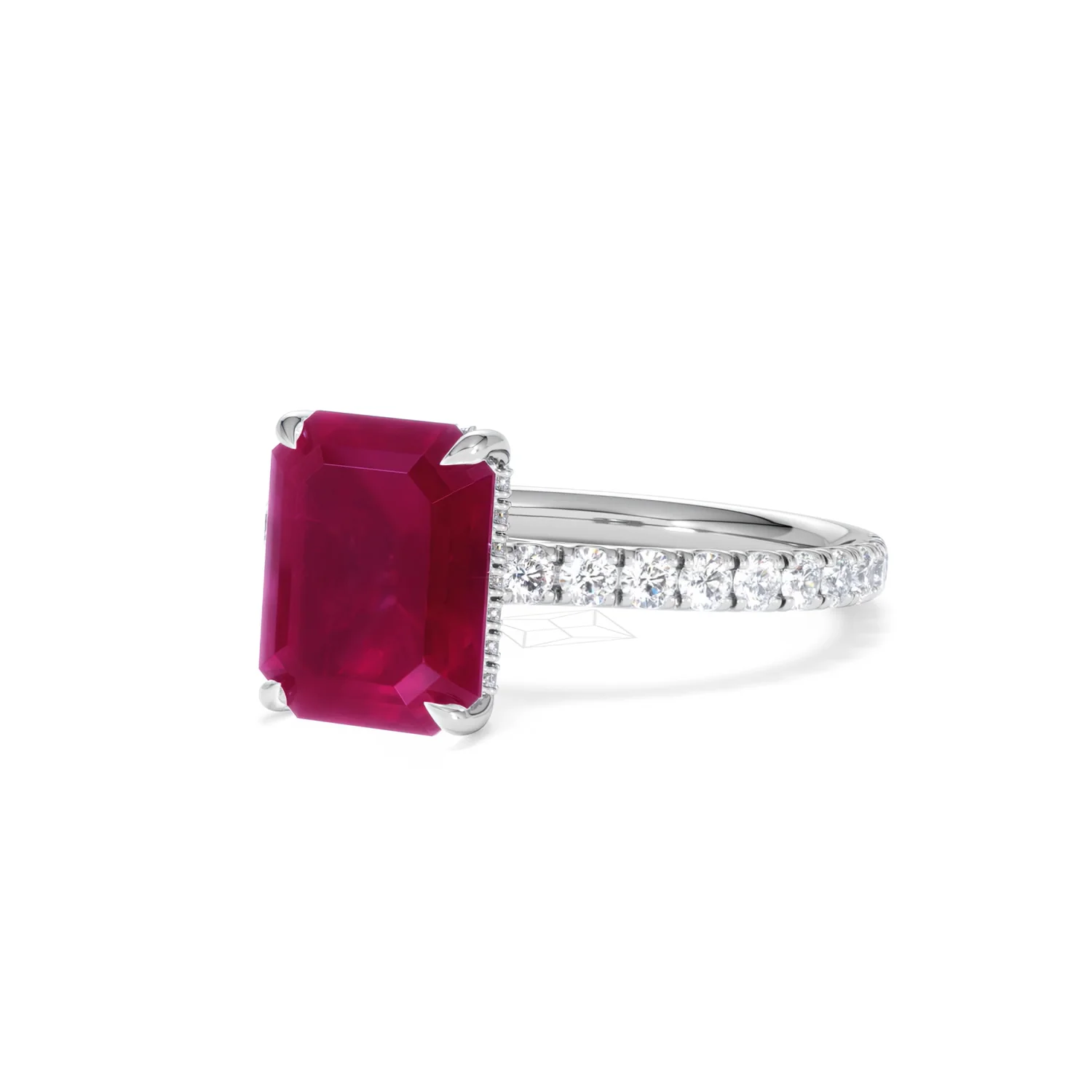 Amora 2.50ct Emerald Cut Lab Ruby Hidden Halo Engagement Ring with Side Stones in 18K White Gold - Image 83