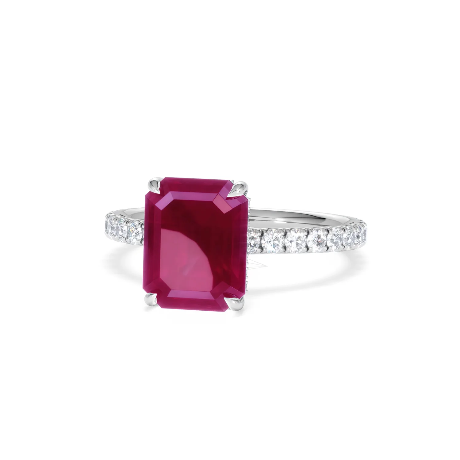 Amora 2.50ct Emerald Cut Lab Ruby Hidden Halo Engagement Ring with Side Stones in 18K White Gold - Image 86