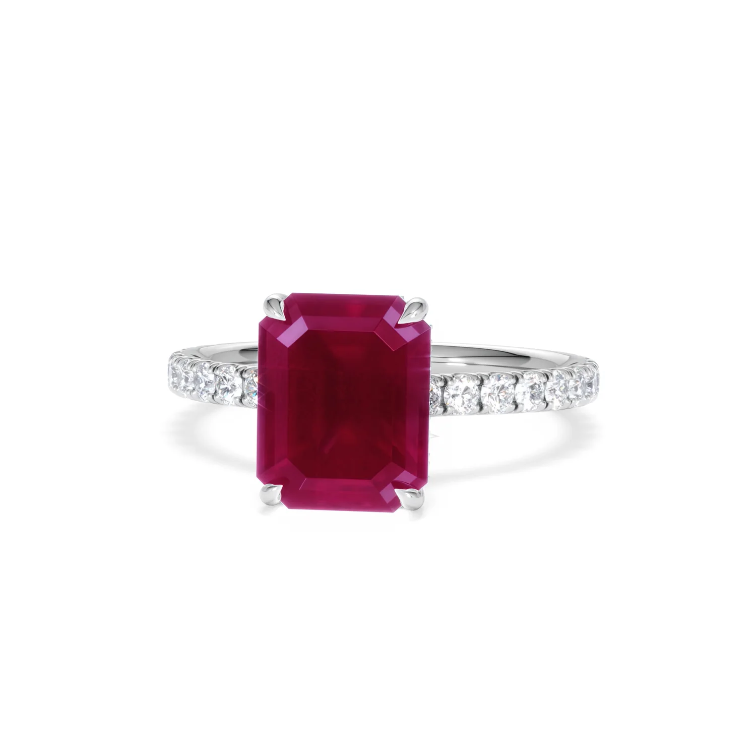 Amora 2.50ct Emerald Cut Lab Ruby Hidden Halo Engagement Ring with Side Stones in 18K White Gold - Image 87