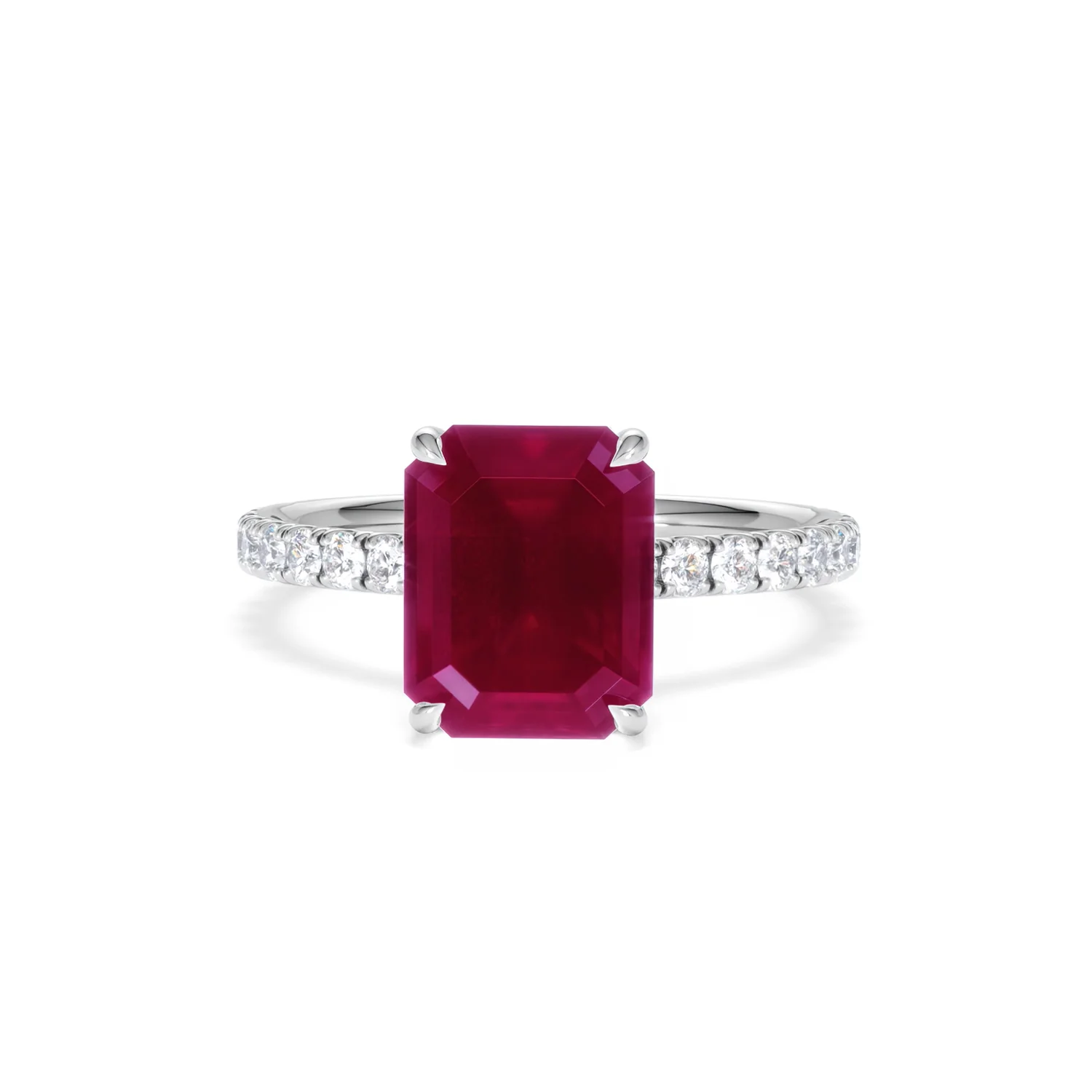 Amora 2.50ct Emerald Cut Lab Ruby Hidden Halo Engagement Ring with Side Stones in 18K White Gold - Image 88