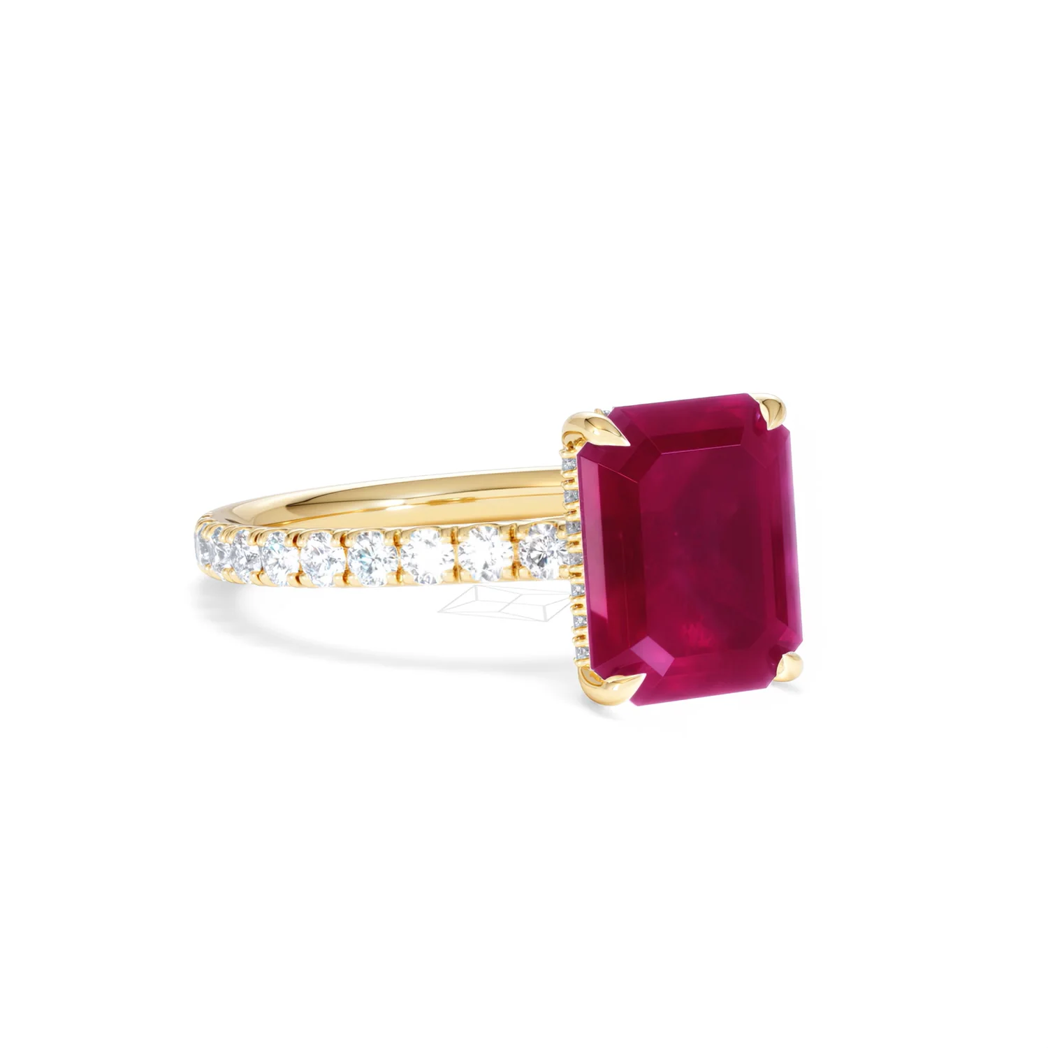 Amora 2.50ct Emerald Cut Lab Ruby Hidden Halo Engagement Ring with Side Stones in 18K Yellow Gold - Image 15