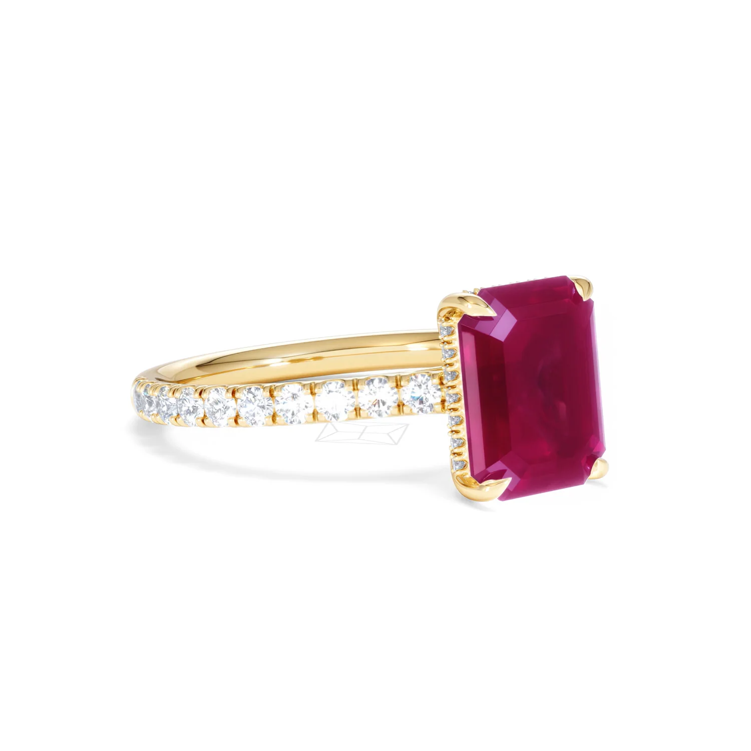 Amora 2.50ct Emerald Cut Lab Ruby Hidden Halo Engagement Ring with Side Stones in 18K Yellow Gold - Image 17