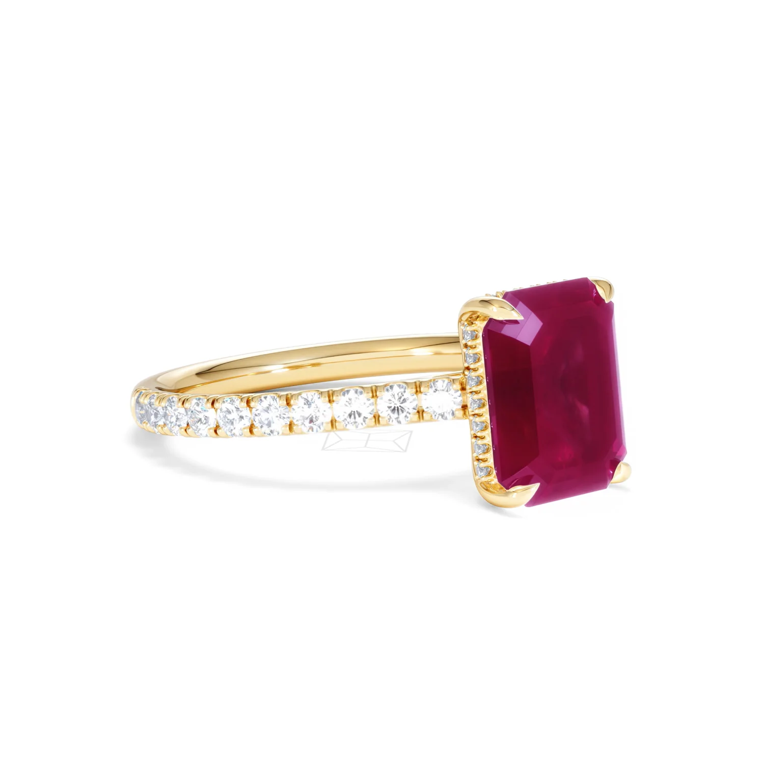 Amora 2.50ct Emerald Cut Lab Ruby Hidden Halo Engagement Ring with Side Stones in 18K Yellow Gold - Image 18