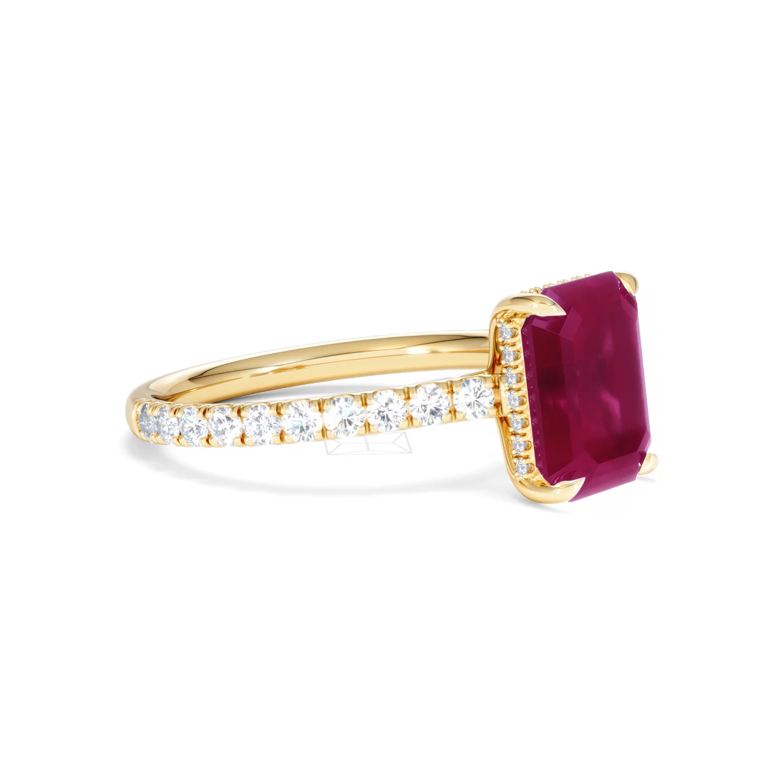 Amora 2.50ct Emerald Cut Lab Ruby Hidden Halo Engagement Ring with Side Stones in 18K Yellow Gold - Image 20